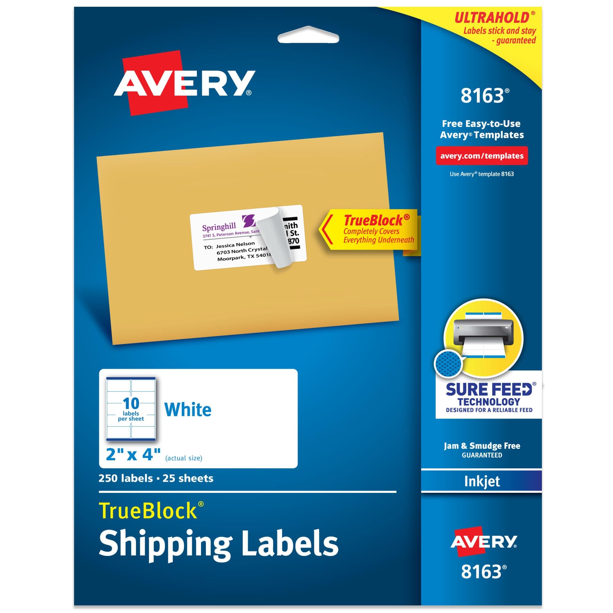 Avery 2" x 4" Shipping Labels, 250 Count, White, Inkjet Printers, TrueBlock, Permanent Adhesive