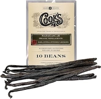Cook's 10 Organic Madagascar Whole Vanilla Beans, Grade A Vanilla Pods, Premium Vanilla Beans for Making Extract & Baking -