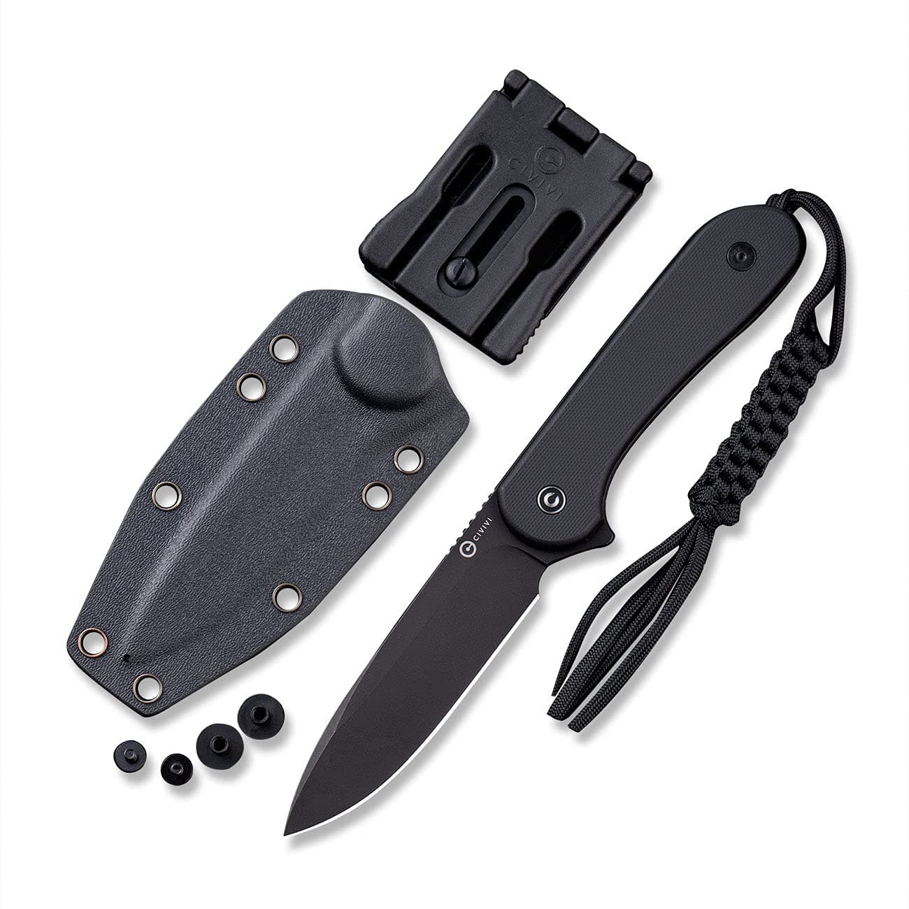 Fixed Blade Elementum Knife 3.98" D2 Blade, Flat G10 Handles, Belt Knife with Kydex Sheath, Tied Paracord Lanyard, Clip for Outdoor EDC C2105A