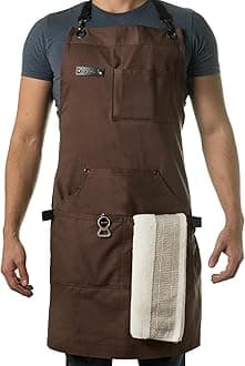 - Chef and BBQ Apron with Bottle Opener and Hand Towel - 10oz Cotton Canvas, Stainless Steel Hardware - Cross Back Straps