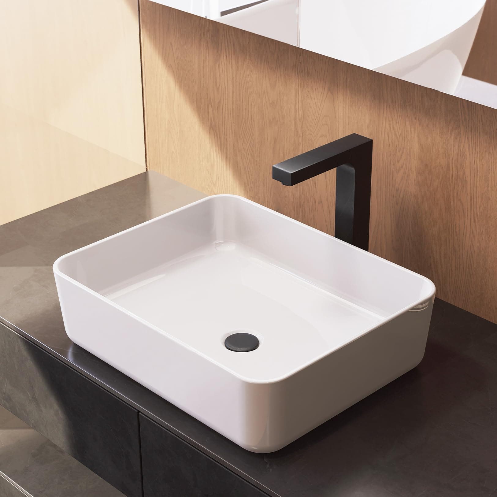 Bathroom Vessel Sink – 19.7"x15.4" Rectangular White Ceramic Above Counter Sink Bowl, Modern Vanity Art Basin, Top Mount Bathroom Sinks for Countertop – MJ-695