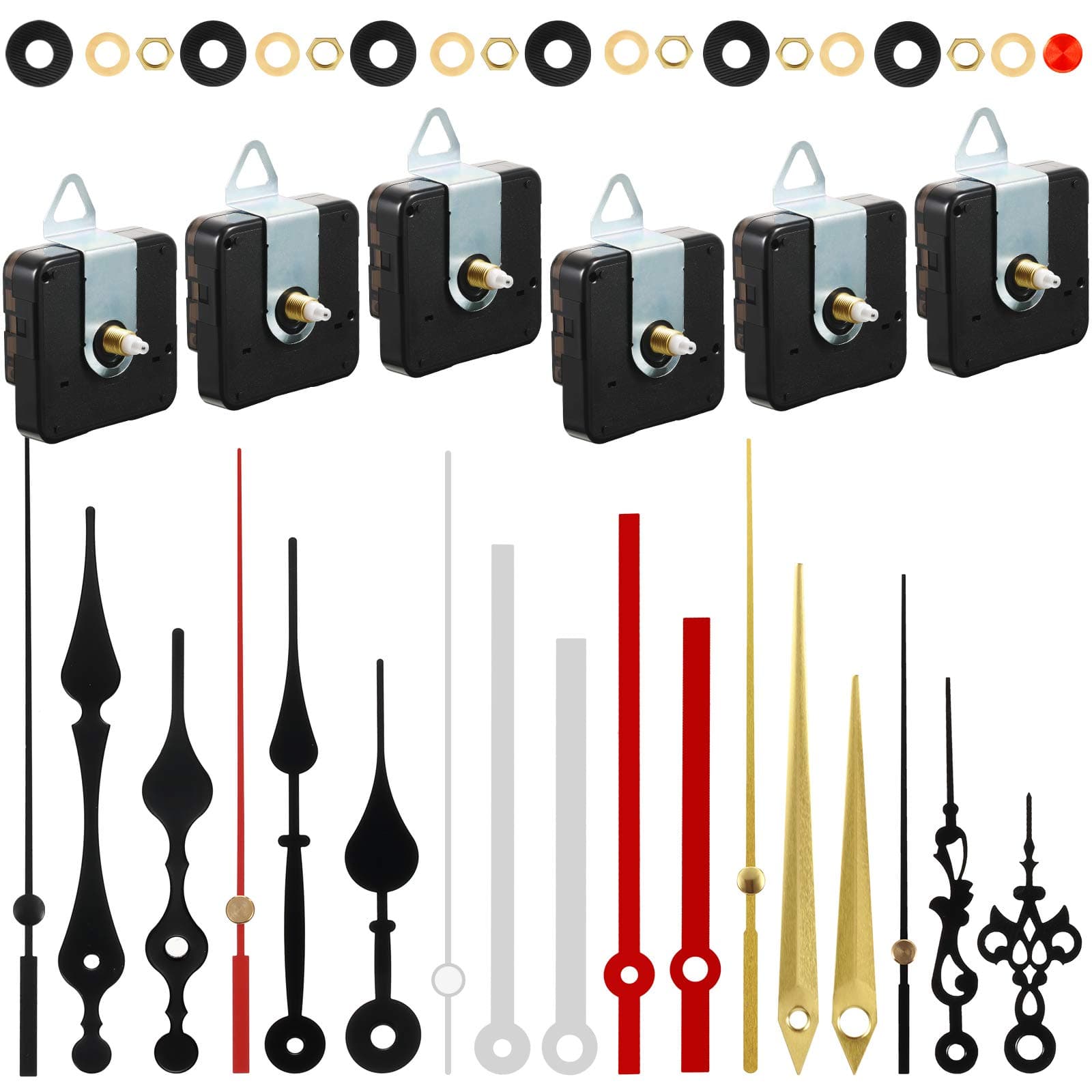 6 Pieces High Torque Quartz Clock Movement Mechanism Replacement with 6 Pairs Different Clock Hands Battery Operated DIY Long Shaft Handicrafts Repair Parts Motor Kits(13 mm/ 0.5 Inch)