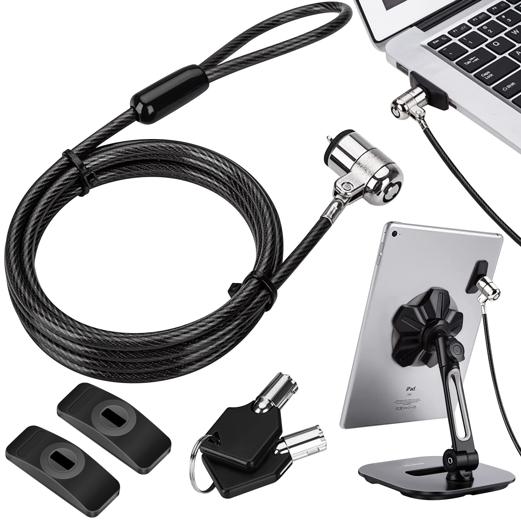 AboveTEK Universal Tablet Lock Security Cable, 2 Keys Durable Steel iPad Locking Kit w/Adhesive Anchors, Anti Theft Hardware Protection for iPhone Mobile Notebook Computer Monitor Mac Book Laptop
