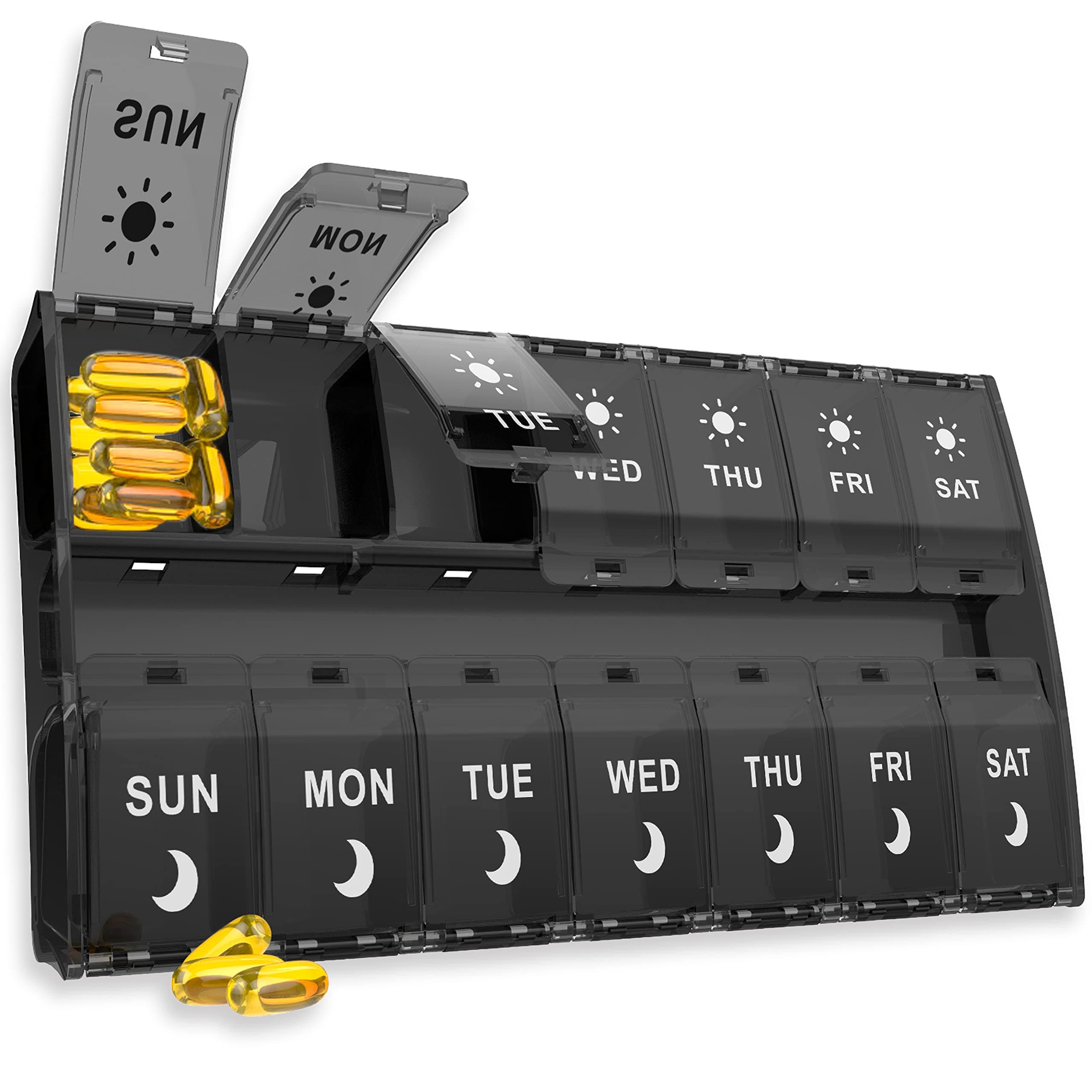 Large Pill Box Tablet Organiser, Weekly Pill Boxes 7 Day 2times, XL 14Day Pill Organiser with Compartment Daily Pill Case for dosset Box for Fish Oil/Vitamin/Supplements, BPA Free