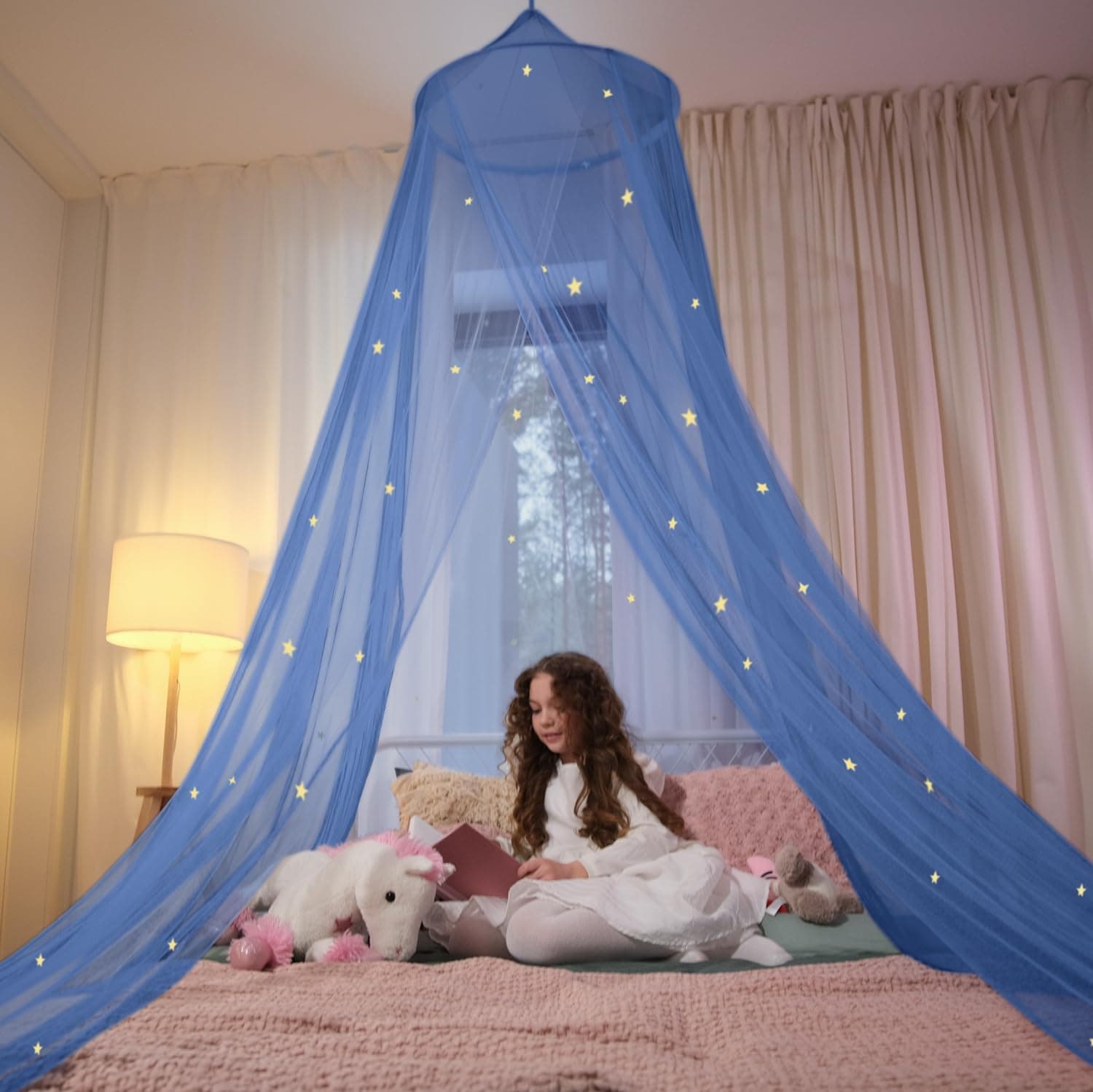Blue Canopy Bed, Blue Bed Canopy with Glow in The Dark Stars for Girls, Boys, Kids and Babies, Net Use to Cover The Baby, Kid Bed, Girls Bed Or Full Size Bed, Fire Retardant Fabric