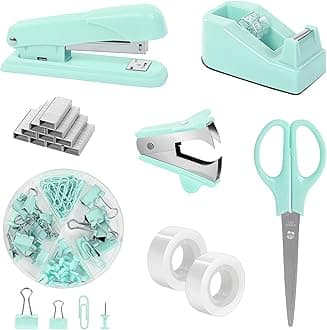 SKYDUE Teal Office Supplies Set - Desk Accessories, Stapler, Tape Dispenser, Scissors, Clips and 1000pcs Staples for Teachers