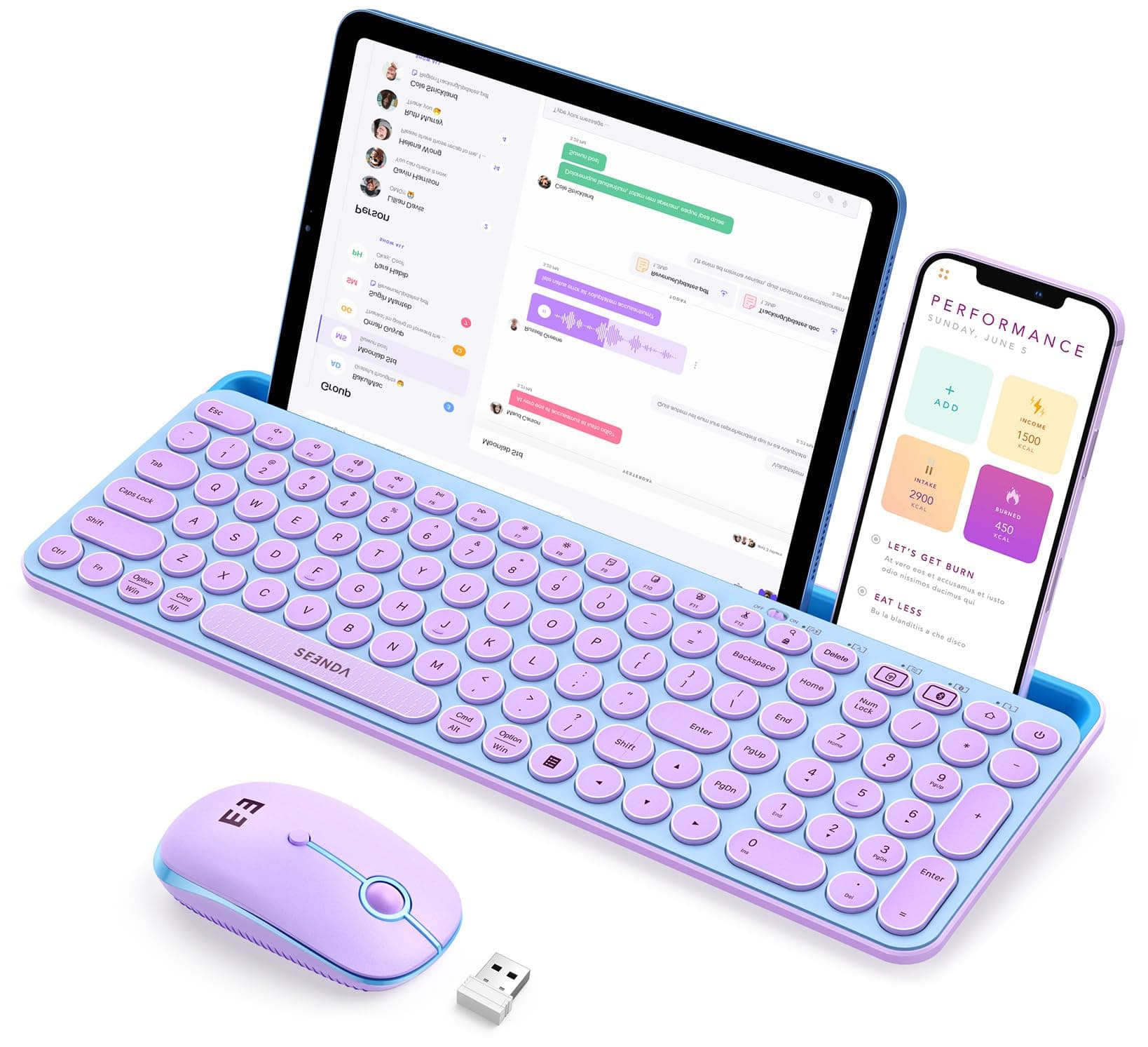 Bluetooth Keyboard and Mouse for iPad, CTU-301 Wireless Multi-Device Connection Bluetooth+2.4G Keyboard Mouse Combo with Tablet Holder for iPad/Macbook/Windows, iOS/Andriod/Phone, Blue & Purple