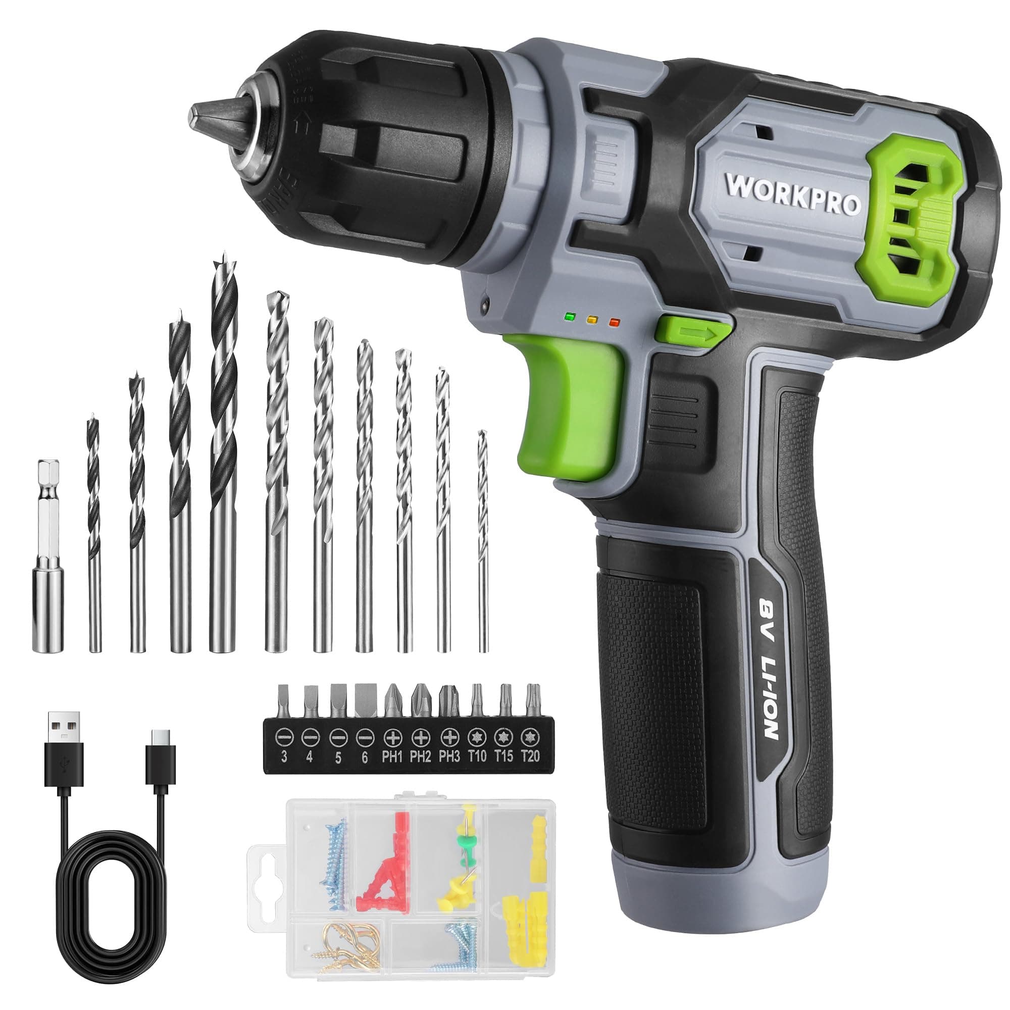WORKPRO 8 V Cordless Drill Set, 53 pcs Accessories, Power Electric Drill, 3/8" Keyless Chuck, Variable Speed Trigger, LED Light, Mini Drill for Drilling, Tightening and Loosening Screws