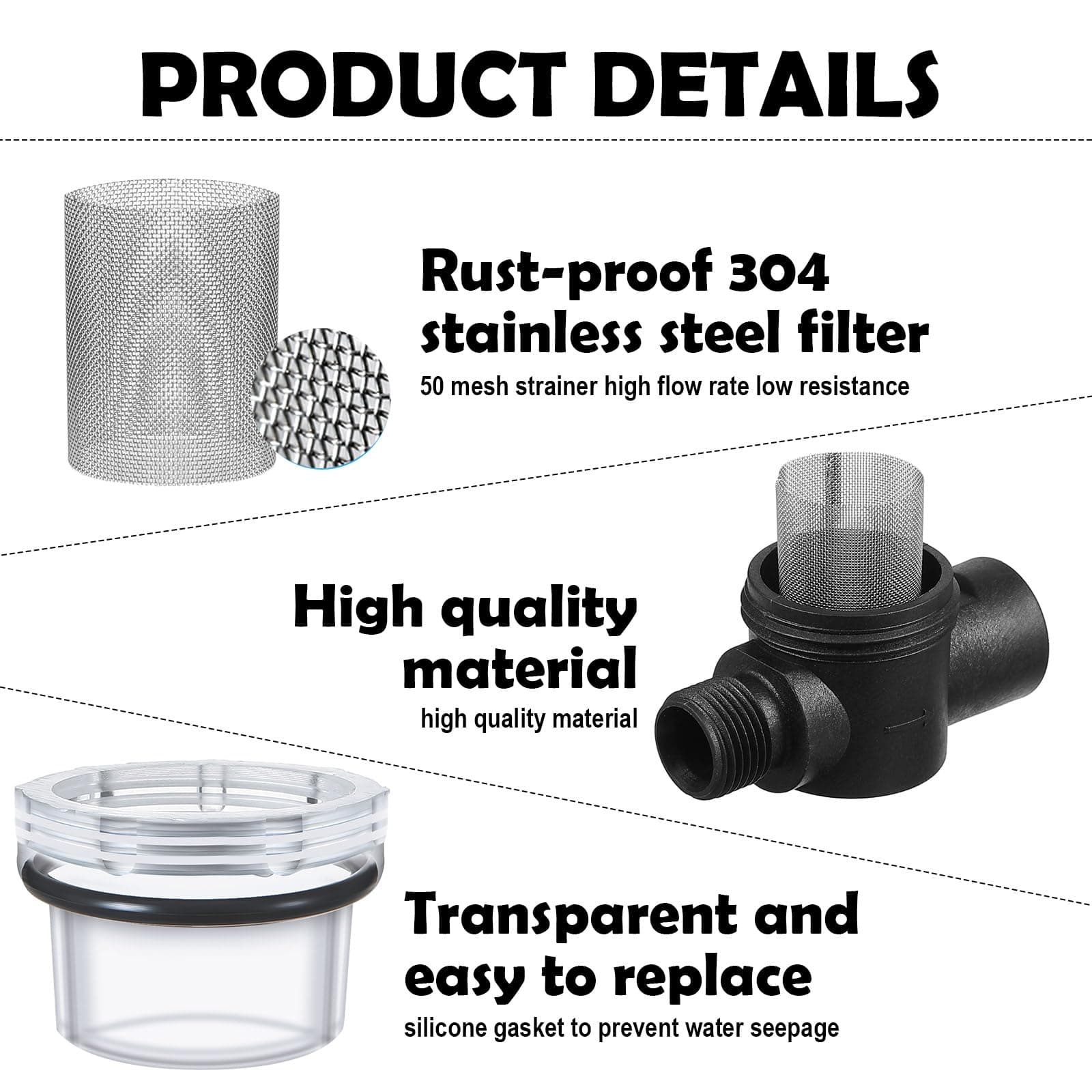 Honoson Water Pump Strainer Filter, RV Replacement 1/2 Twist-On Pipe Strainer with 50 Mesh Stainless Steel Filter Screen Compatible with WFCO or Shurflo Pumps, 2 Pieces