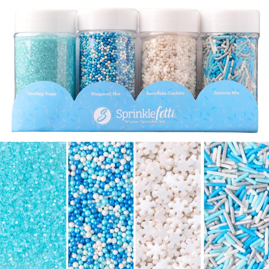 Sweets Indeed Winter Sprinkle 4-Pack – 10.90 oz | Blue Sugar Crystals, Shimmer Snowflakes, Winter Jimmies & Nonpareils | Frozen-Inspired Christmas & Holiday Baking Decorations