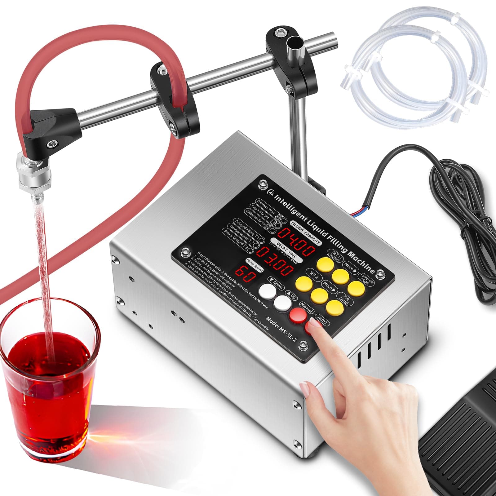 [2025 New Version] Liquid Filling Machine 1-100 Fl Oz Bottle Filler Machine with Foot Pedal Diaphragm Pump Compatiable with Conveyor Belt Digital Control for Wine, Essence