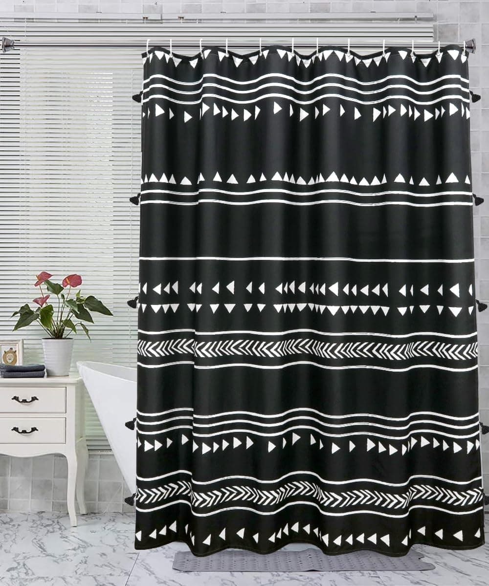 UPHOME Boho Black and White Fabric Tassel Triangle Stripes Geometric Shower Curtain Set with Hooks Chic Tribal Bathroom Decor Accessories (72X72 inch, Black)