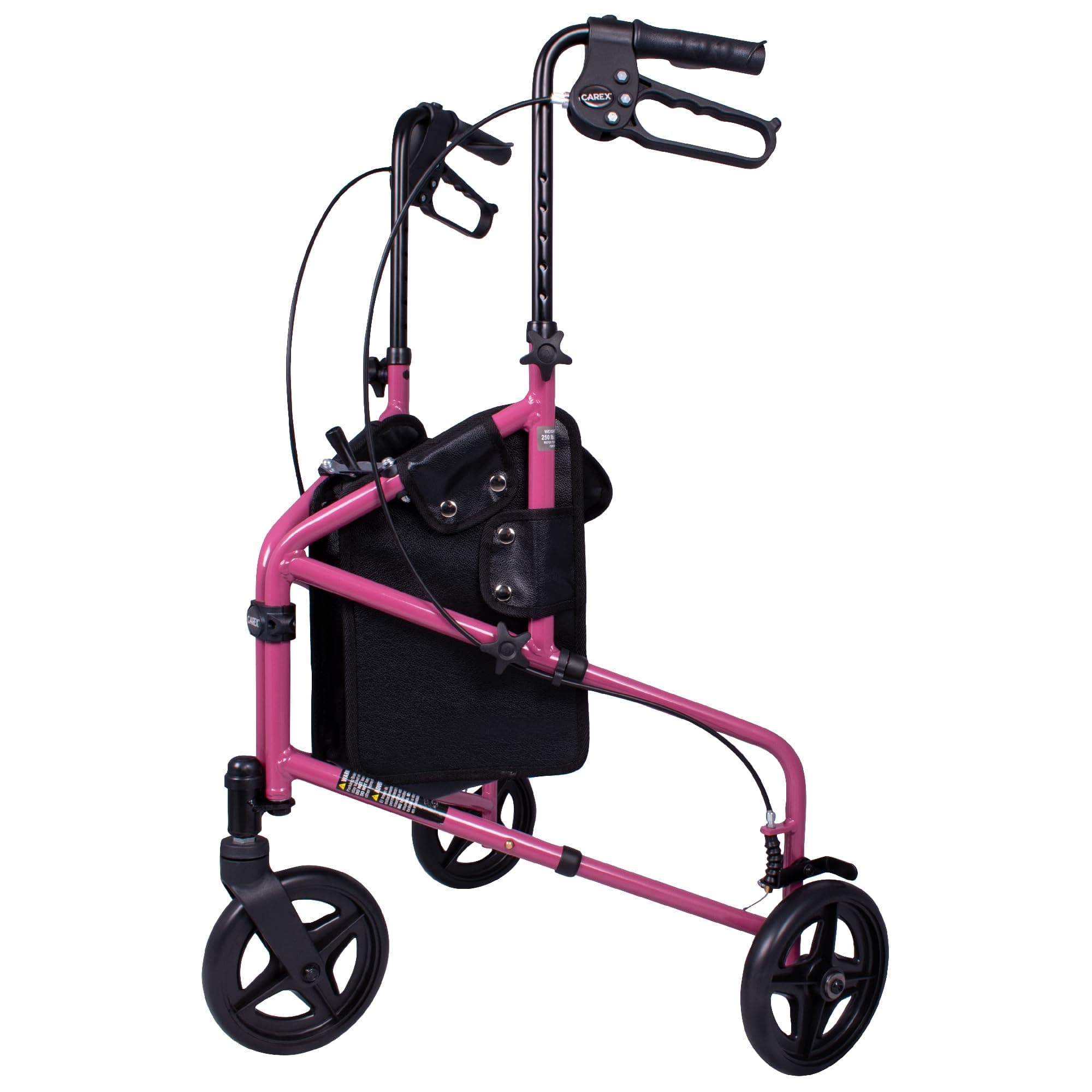 Carex 3 Wheel Walker for Seniors, Foldable, Rollator Walker with Three Wheels, Trio Walker with Height Adjustable Handles, Walker with Wheels, Folding Walker with Wheels, Pink