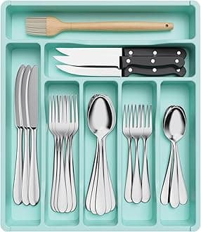 Lifewit Silverware Drawer Organizer Tray, Plastic Cutlery Storage for Kitchen Drawer, Flatware and Utensil Holder Divider for Spoons Forks Knives Tableware, 7 Compartment, Turquoise