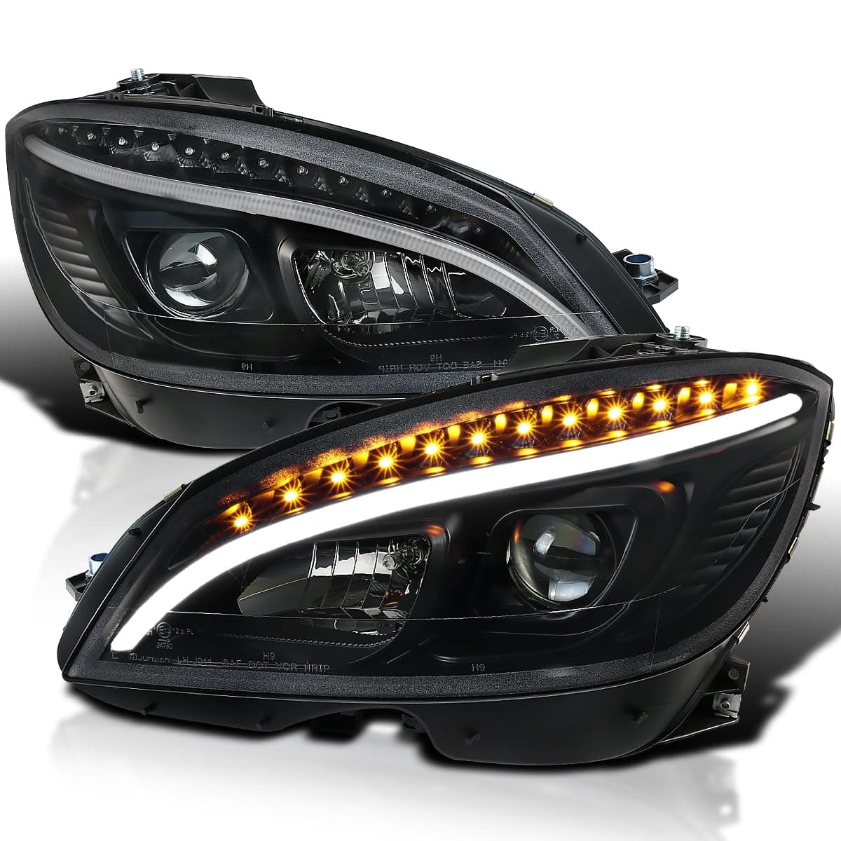 SPEC-D TUNING Black LED Projector Headlights Compatible with 2008-2011 Mercedes Benz W204 C-Class, Left + Right Pair Headlamps Assembly