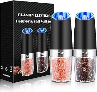 Sweet Alice Gravity Electric Pepper and Salt Grinder Set, Adjustable Coarseness, Battery Powered with LED Light, One Hand Automatic Operation, Stainless Steel Black, 2 Pack