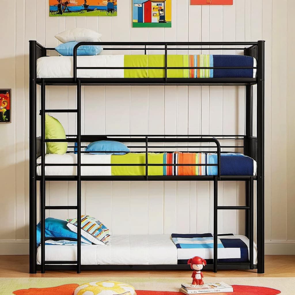 Triple Bunk Bed for Kids, Full Over Full Over Full Metal Three Bunk Bed with Ladder and Guardrail, Heavy Duty Bunkbeds, No Box Spring Needed, Black