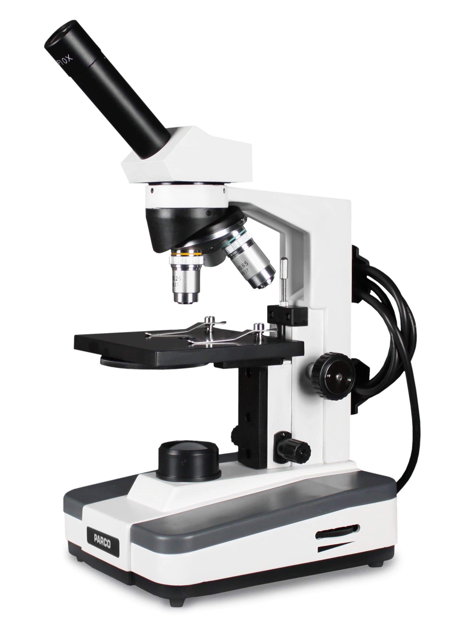 Parco BMT-402D-LED Monocular Compound Microscope, 10x WF Eyepiece, 40x-400x Magnification, LED Illumination w/Intensity Control, 0.65 N.A. Condenser, Separate Coarse & Fine Focus, Large Plain Stage