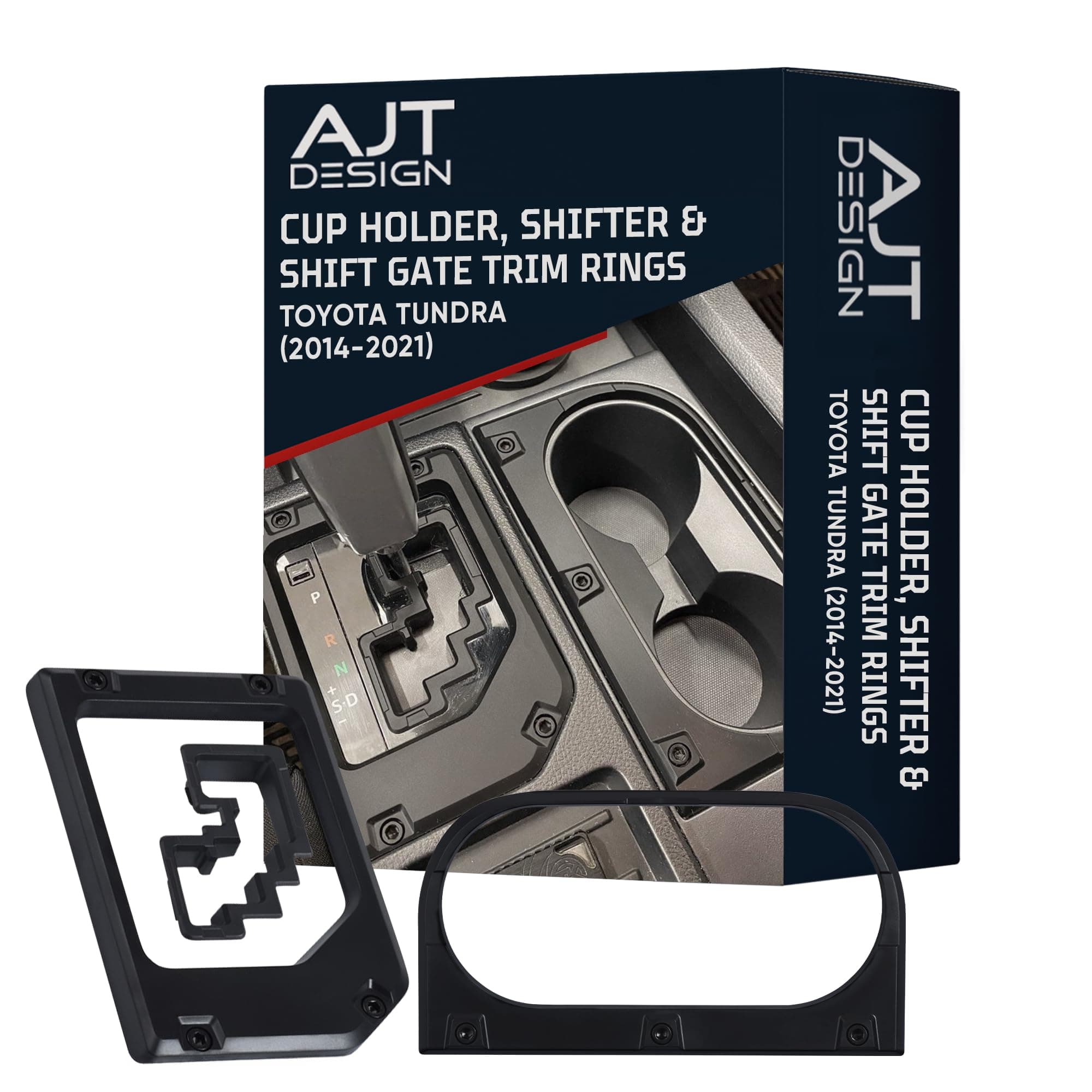 AJT DESIGN Cup Holder, Gear Shifter, & Shift Gate Trim Rings for Toyota Tundra (2014-2021) | Matte Black Chrome Delete Kit Made with Impact Resistance ABS Plastic | Easy Installation | Made in USA