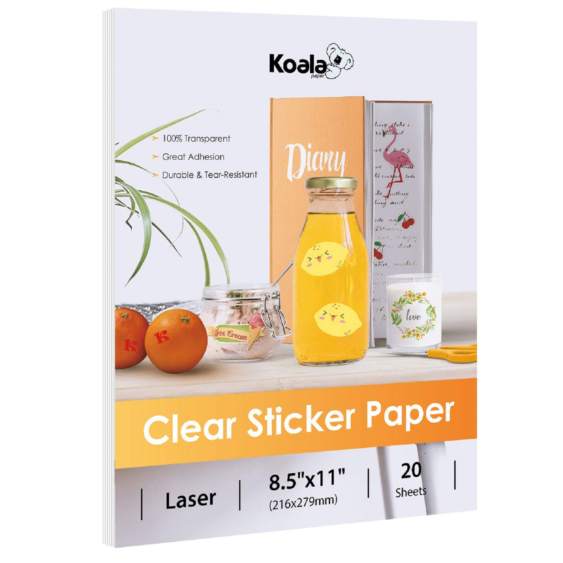 KOALA PAPER Printable Clear Sticker - ONLY for Laser Printer - 8.5x11 Inch 20 Sheets Full Sheet 100% Transparent Label for DIY Personalized Decals, Labels