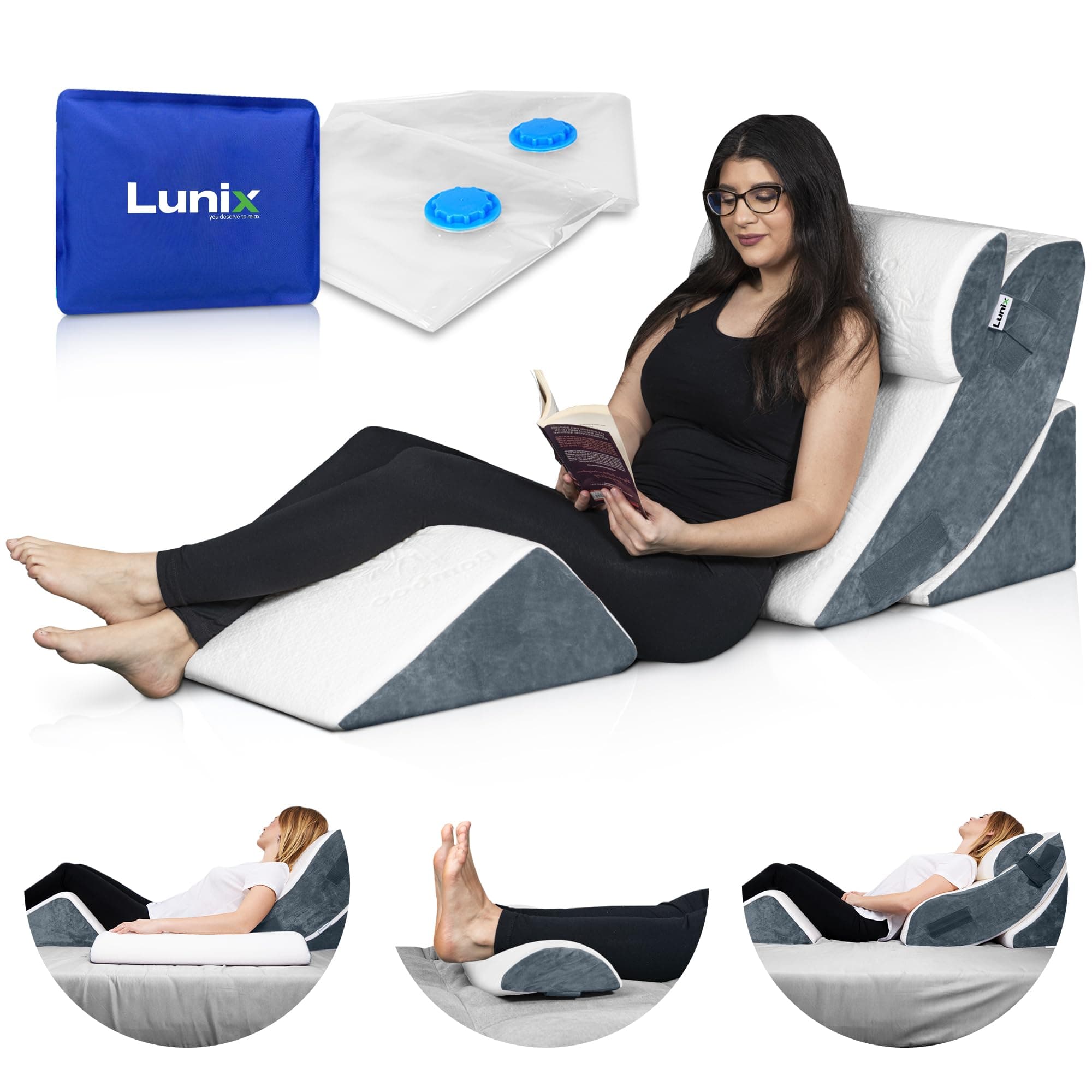 LX5 4-Piece Support for Shoulder & Upper Body Rest, Orthopedic Bed Wedge Pillow Set, Elevated Memory Foam for Post-Op Recovery & Sleep Comfort, Arctic Navy