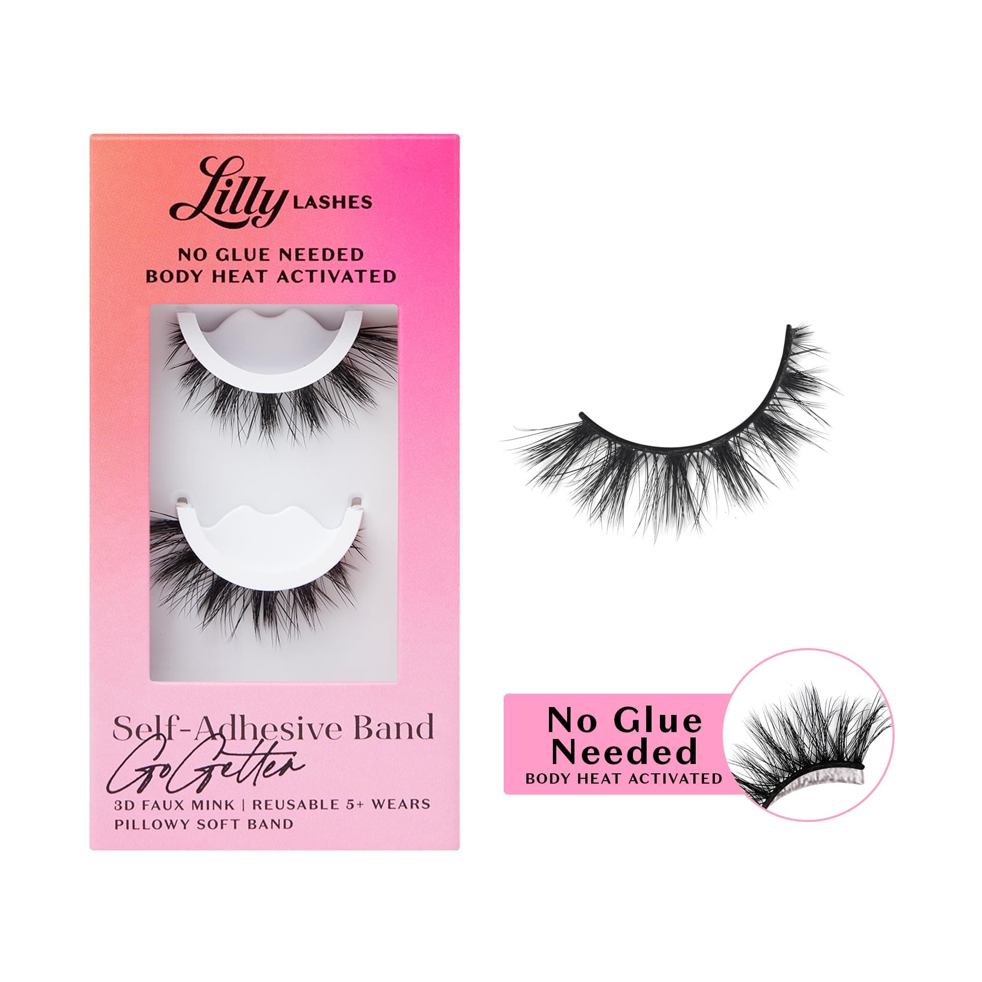Lilly Lashes 3D Self Adhesive Eyelashes, No Lash Glue Needed, Body Heat Activated Press on Lashes, Reusable Self Adhesive Eyelashes Up to 5x, Easy to Apply & Remove (GoGetter)