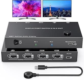camgeet Displayport Splitter Switch 4K@60Hz, 2 in 2 out MST SST DisplayPort Splitter for 2 Computers Switch to 2 Monitors, Wired Remote and USB Power Cable Included
