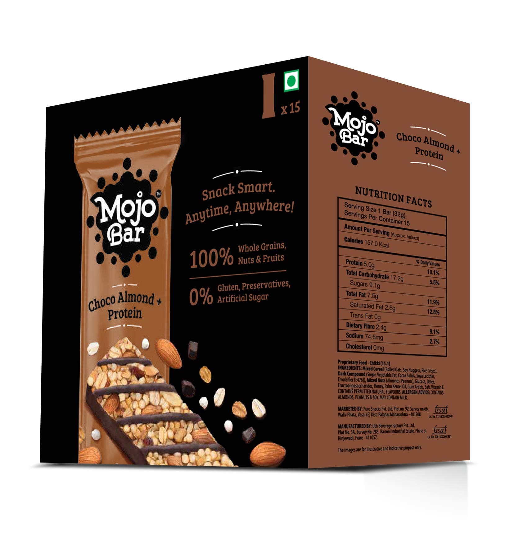 Mojo Bar Choco Almond Protein Snack Bar, 32 Gm (Pack of 15)