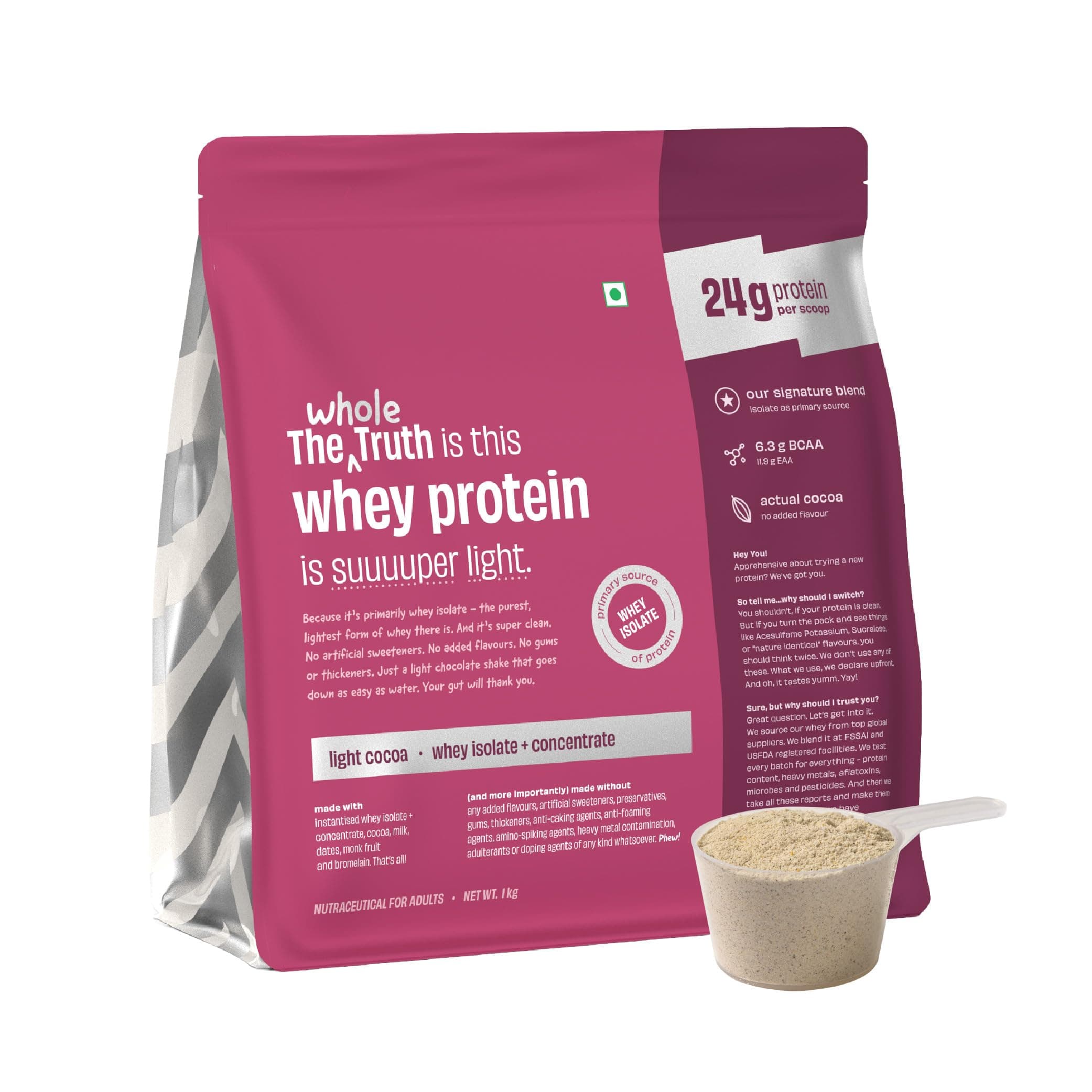 - The Whole Truth Whey Protein Isolate+Concentrate | Light Cocoa 1kg (2.2 lbs) | 24g Protein per scoop | 6.3g BCAA | No Adulteration | Clean, Light & Easy to Digest | Vegetarian | No Artificial Flavours