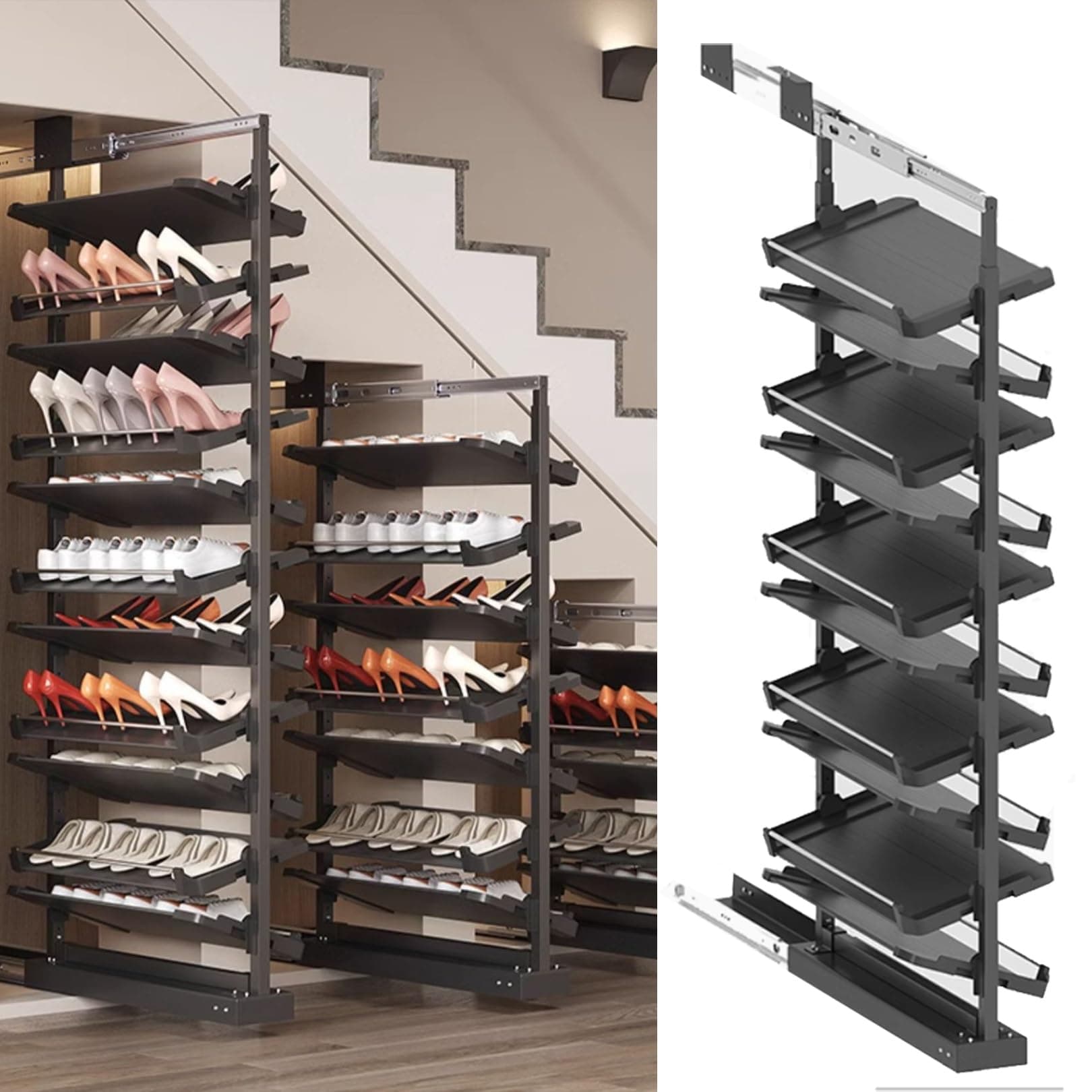 Pull-Out Shoe Rack Organizer for Closet Shoe Cabinet,Adjustable Height Retractable Metal Stackable Shoe Rack, Vertical Shelf Organizer for Small Bedroom Closet, Space Saving Storage, Black(75cm,10 Tie