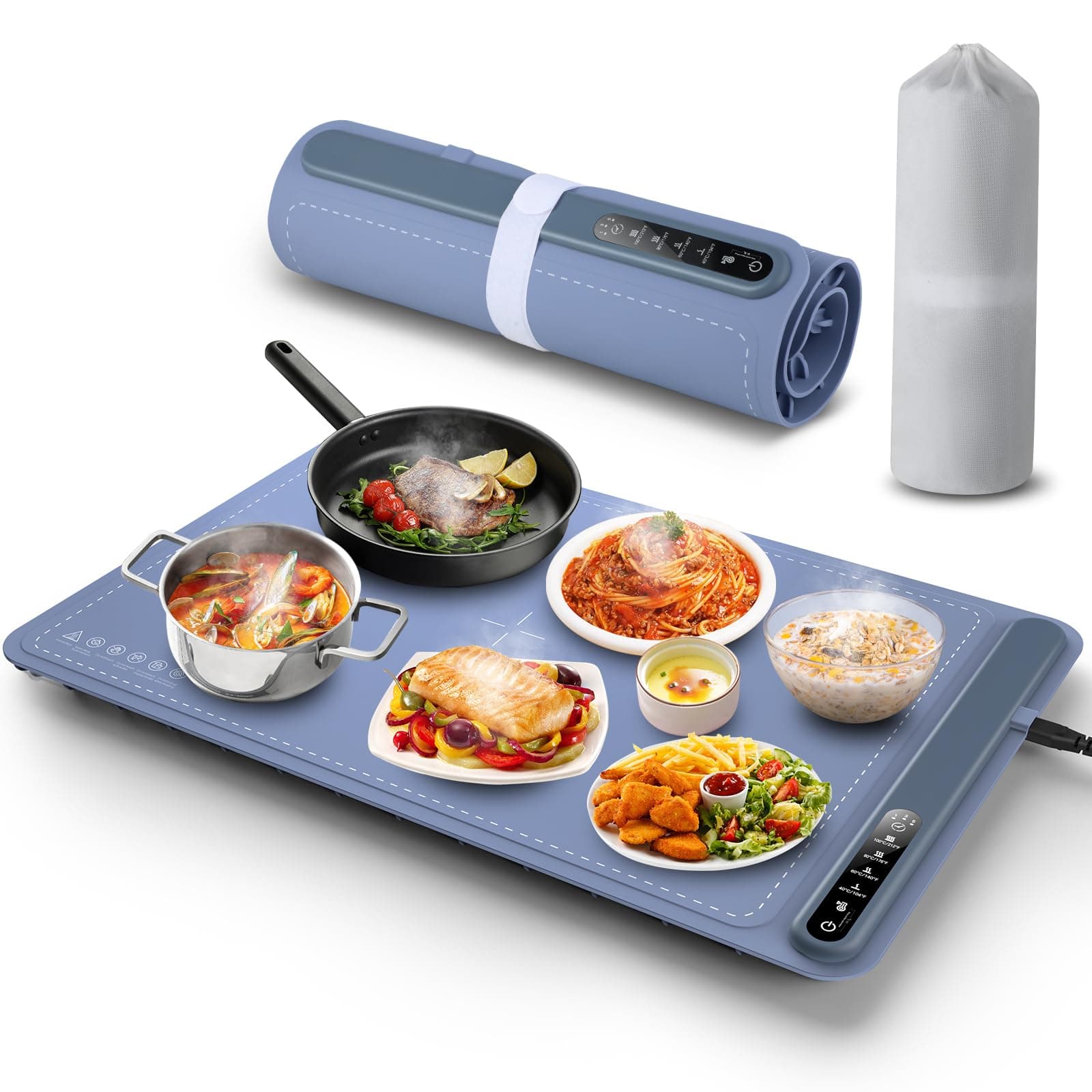 Food Warming Mat Electric Warming Tray Silicone with Full Surface Heating 4 Temperature Timming Settings and Child-Lock, Portable Food Warmers for Parties Buffet Gatherings Countertop