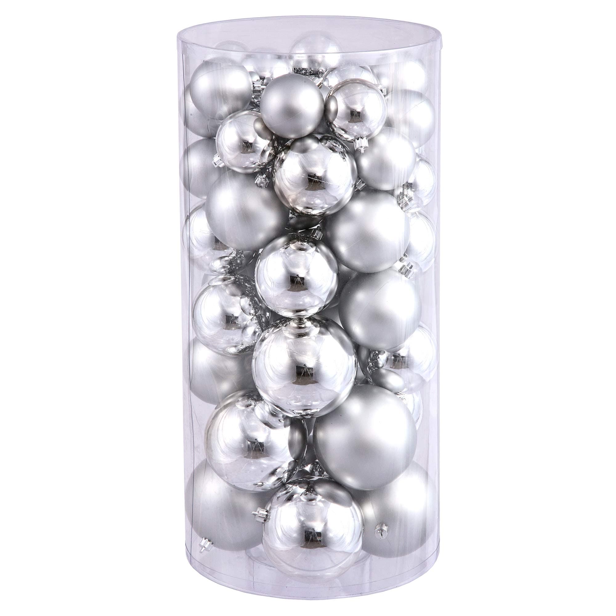 Vickerman Silver Ornament Ball Set Shiny and Matte Finish, Includes 50 Per Box, 1.5 to 2-Inch Variety - Ready to Hang - Variety of Finishes