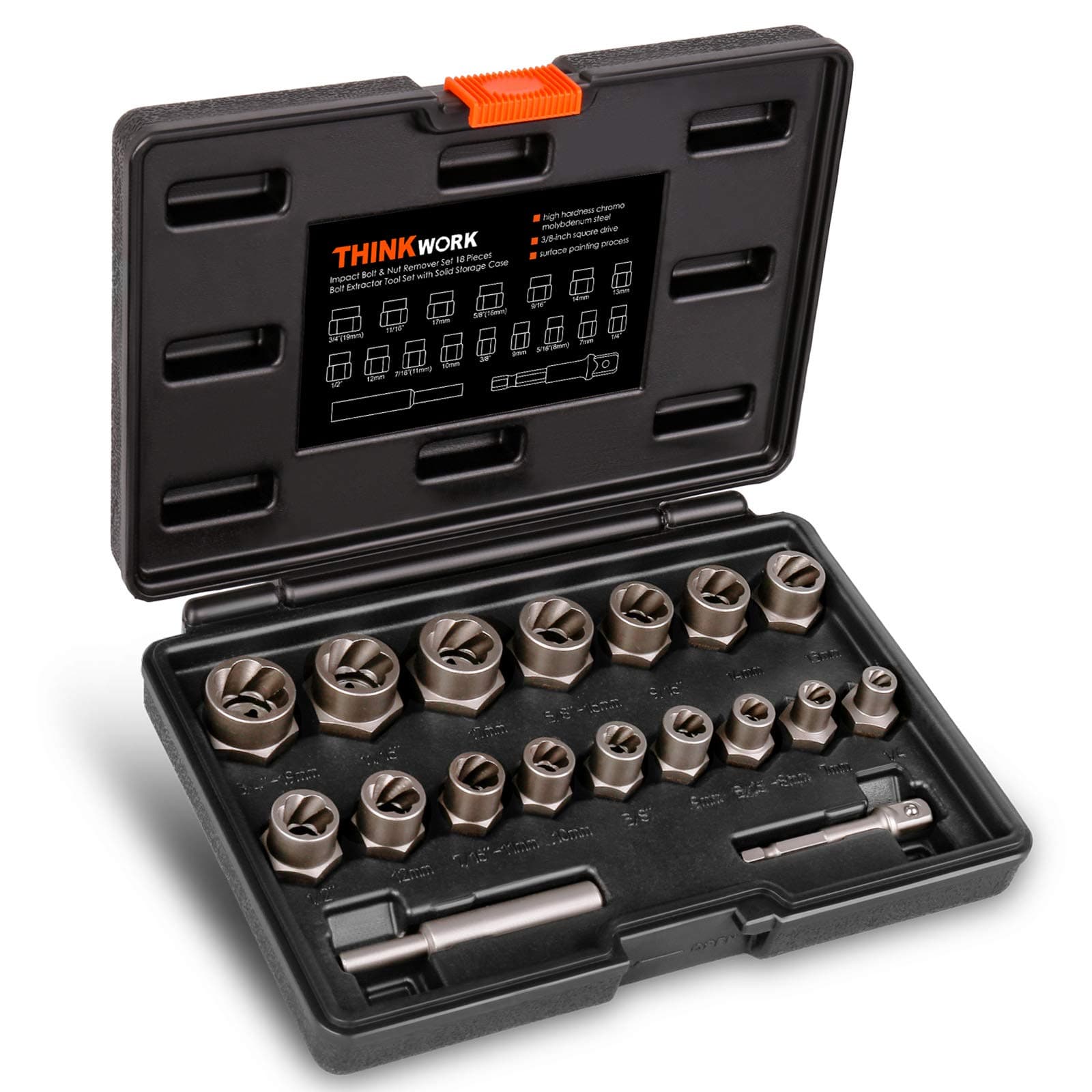 Bolt Extractor Kit, 18-Piece Nut Extractor Socket Set, 3/8" Drive Rounded Bolt Remover, Lug Nut Removal Tool for Damaged, Rusted, Rounded-Off, Stripped Fasteners