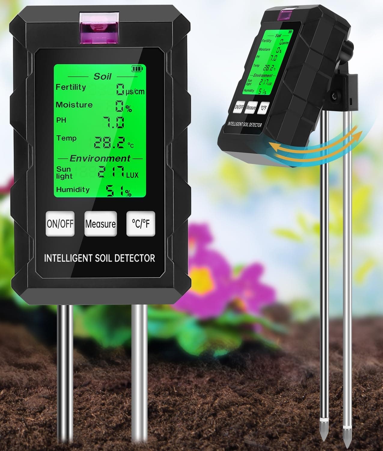 KASTWAVE Soil Moisture Meter, 6-in-1 Digital Moisture Meter, with Fertility/Moisture/PH/Temp/Sunlight/Humidity, Soil PH Tester with Dual Probe, Great for Garden, Lawn, Farm, Indoor & Outdoor Use