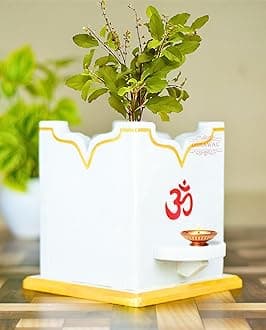 Marble Tulsi Pot | Tulsi Planter | Gardening Tulsi Planter | White Marble | Size - 7.5x7x7 inch, Approx. [HxLxW]