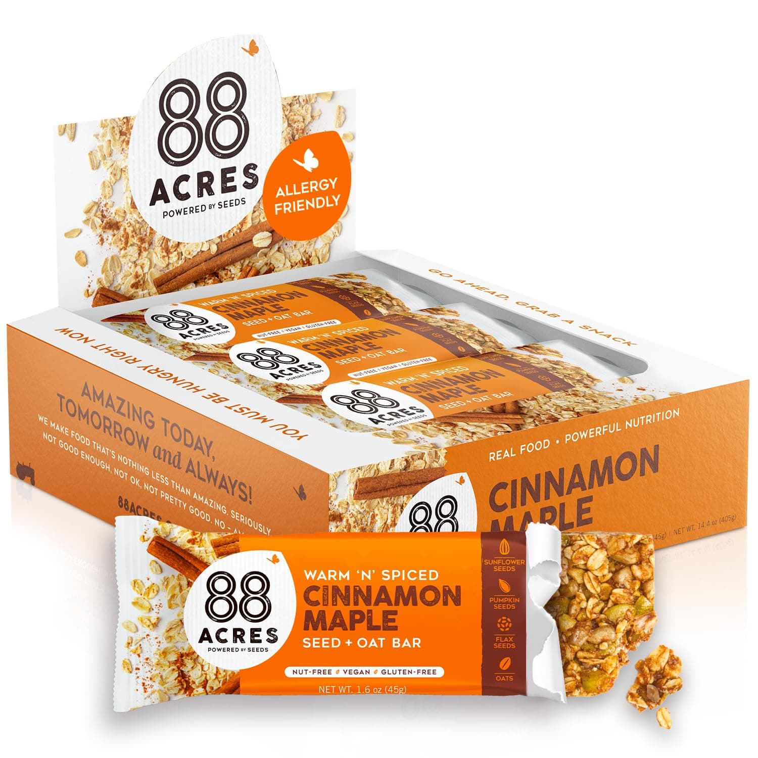 88 Acres Granola Bars, Cinnamon Maple, 12 Count, School Safe, Allergen Free Seed & Oat Snack Bar, Gluten & Nut Free, Vegan, Non-GMO & Kosher, Individually Wrapped