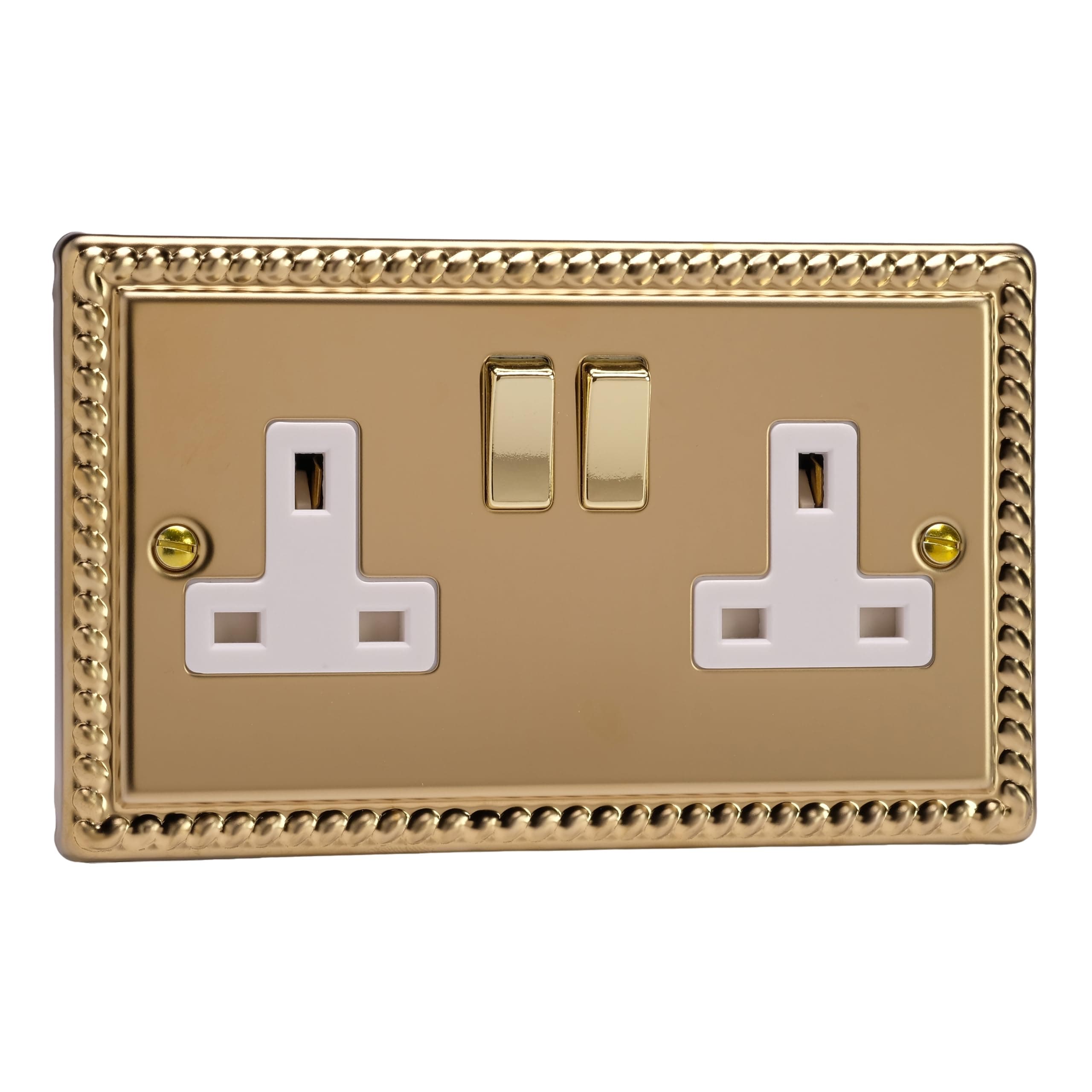 Varilight Double Switched Plug Socket - Classic Georgian Brass With Brass/White Insert, XG5DW