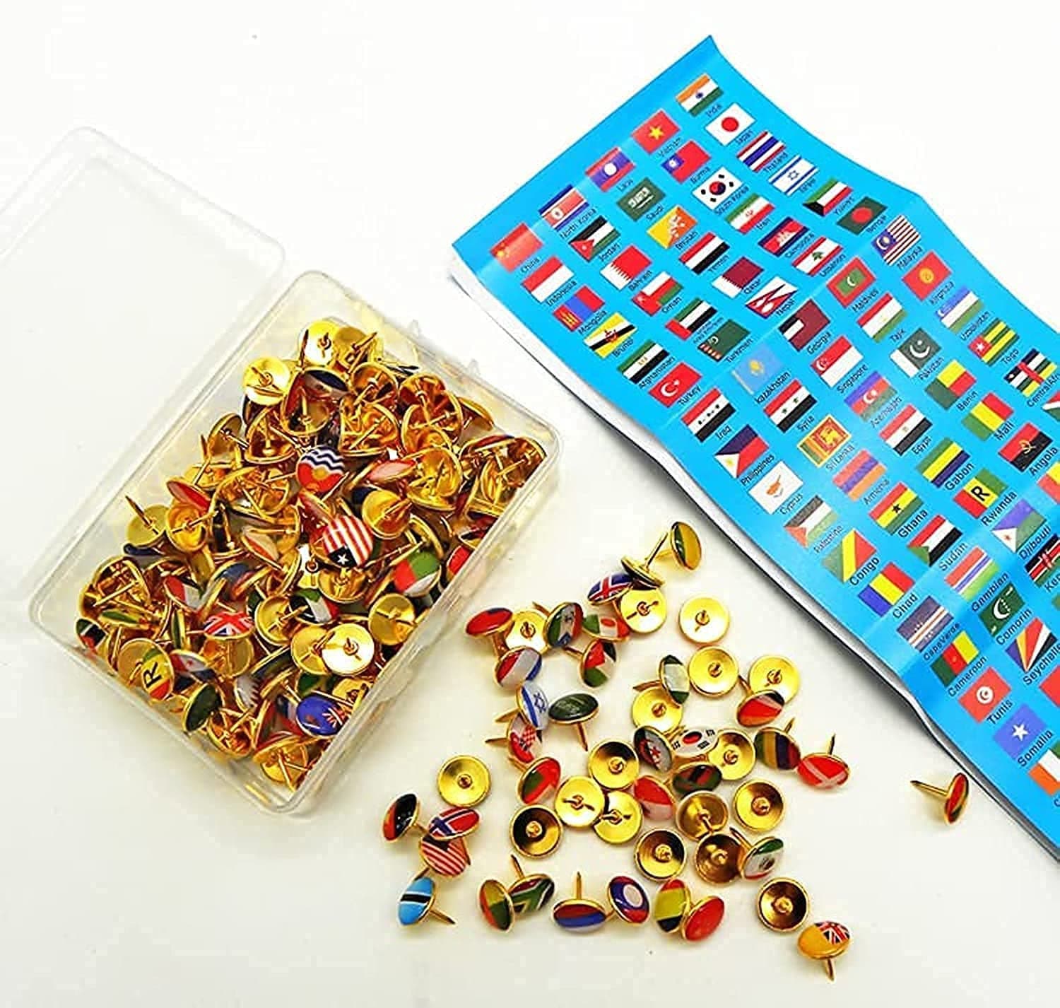 PREMIFY 200pcs Creative Push Pins| Different Countries Flags Printed Thumb Tacks |Steel Point for Bulletin Board, Map, Office, Notice Board, Classroom