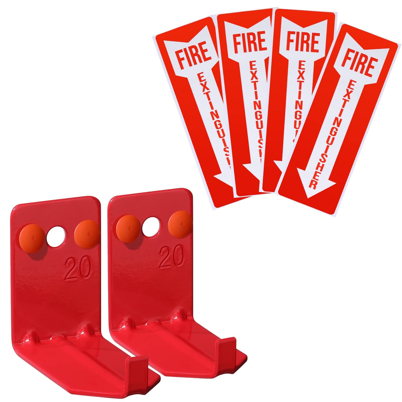 2 Pack Fire Extinguisher Holder and 4 Pieces Fire Extinguisher Sign Sticker, 20lb Fire Extinguisher Wall Hook Mount Bracket for Big and Small Fire Extinguishers, Indoors and Outdoors