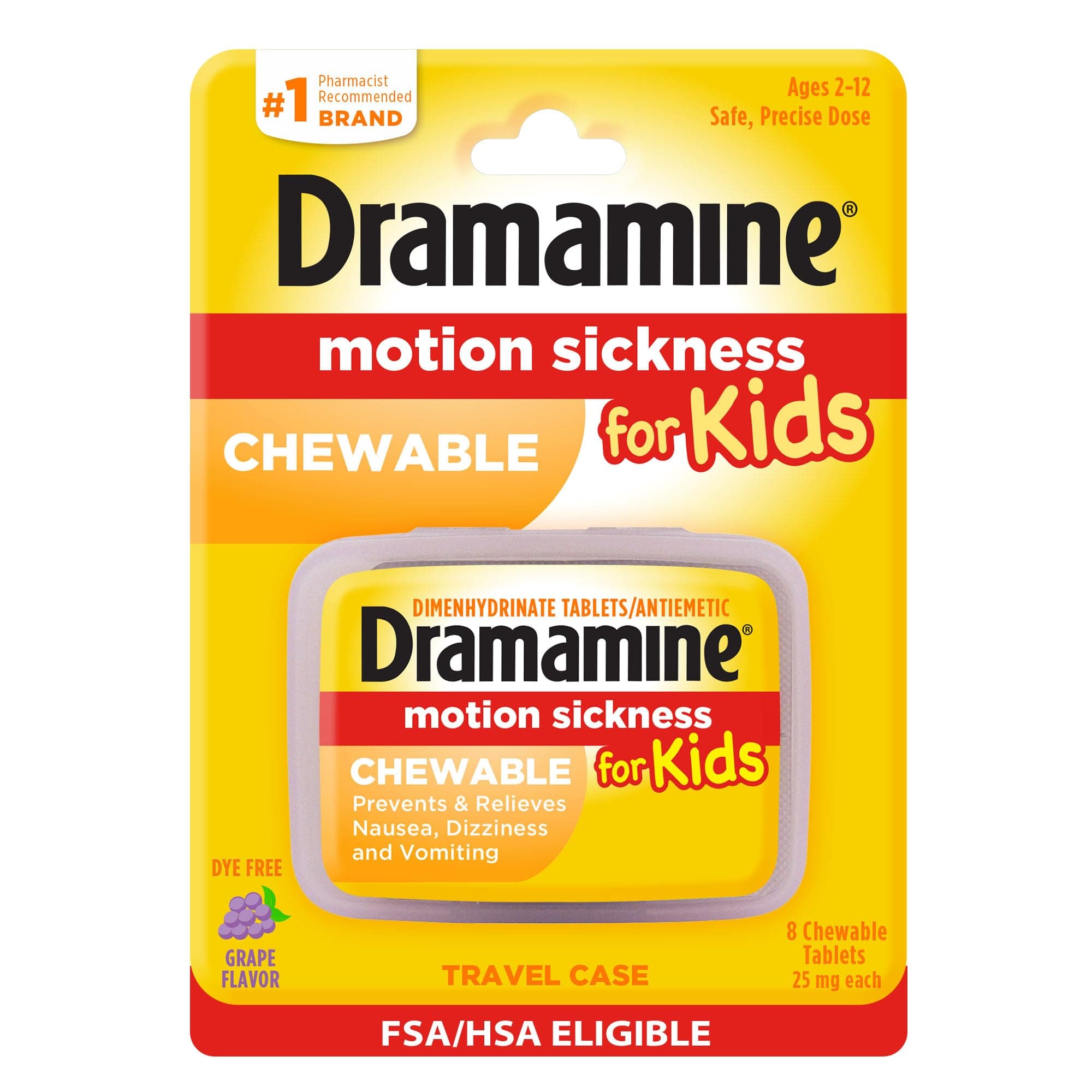 Dramamine Motion Sickness Relief for Kids | Chewable Grape | 8 Count