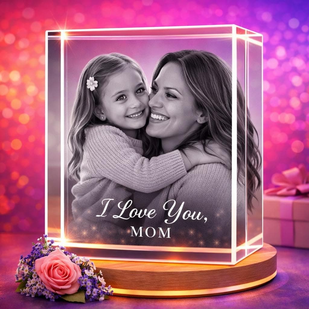 Personalized 3D Crystal Photo - Optional Multicolor Light Base| Gift Box| Customized Laser Etched Picture for Moms, Dads, Birthdays, Valentines day & Celebrations - Rectangular (Small)