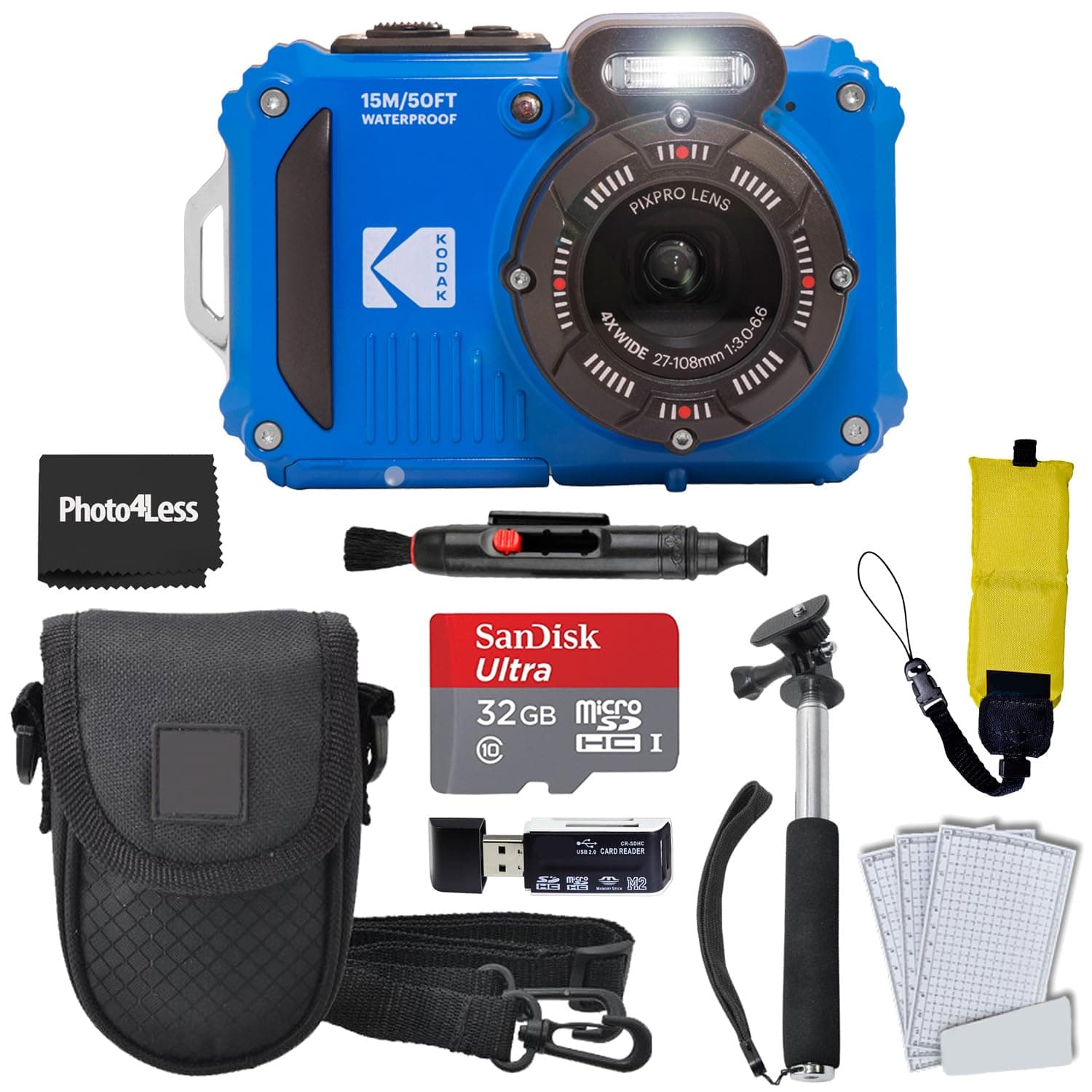 Kodak PIXPRO WPZ2 Rugged Waterproof Shockproof Digital Camera 16MP 4X Optical Zoom 1080P Full HD Video, 2.7 LCD (Blue), 32GB SD Card, Black Compact Camera Case, Floating Strap, Bundle (7 Items)