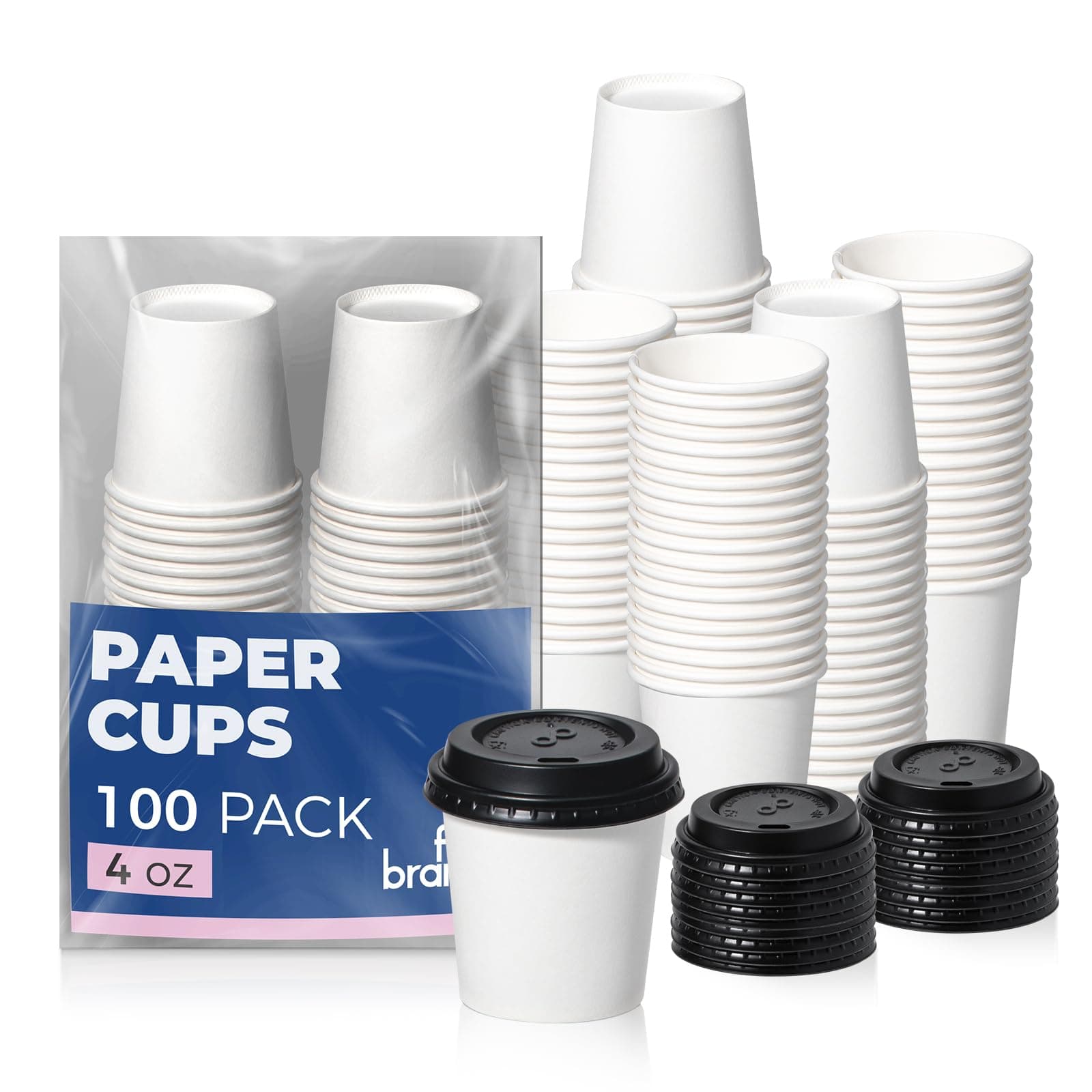 Fit Meal Prep 100 Pack 4 oz Disposable Coffee Cups with Lids, Premium To Go Paper Cups, Leak Proof Hot Coffee Cups with Lids for Travel, Office, Hot/Cold Beverages (Black Lids)