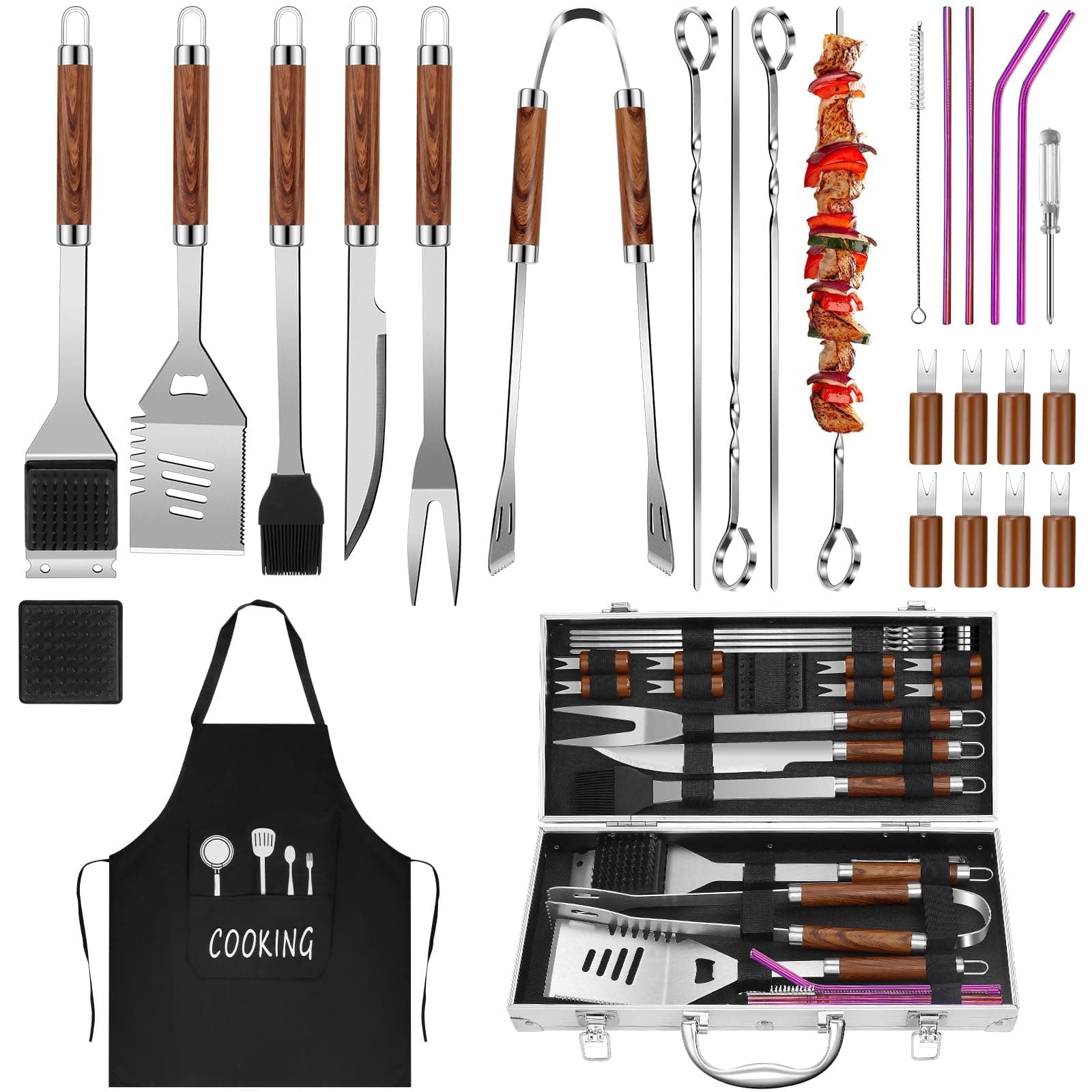 27pcs Grill Tool Set for Men, Extra Thick Stainless Steel Grilling Accessories Kit for Camping/Backyard, BBQ Grill Utensils Gift Set with Spatula,Tongs for Outdoor Grill with Aluminum Case and Apron