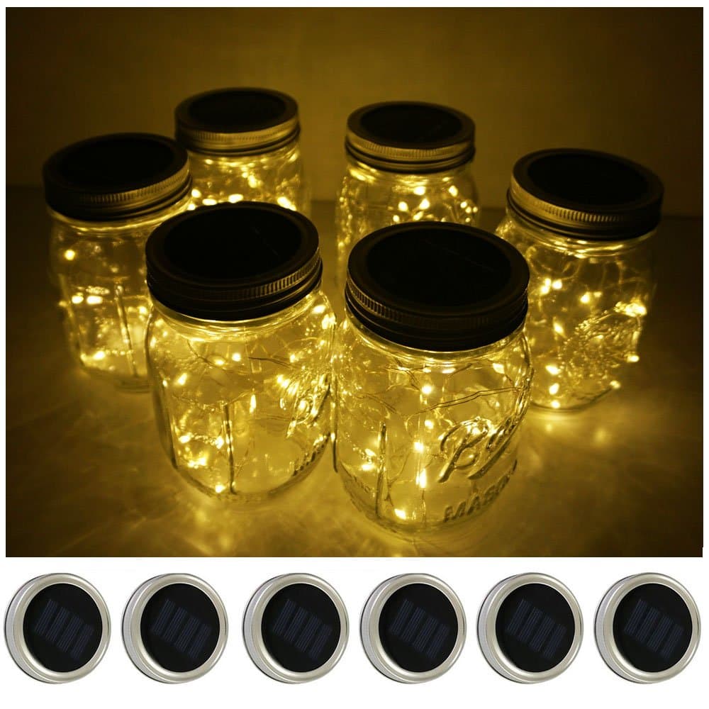 Decorman Solar Mason Jar Lid Lights, 6 Pack 10 LED Waterproof String Fairy Star Firefly Jar Lids Lights for Patio Garden Yard Lawn Party Wedding Christmas Decoration(Jars & Hangers Not Included)