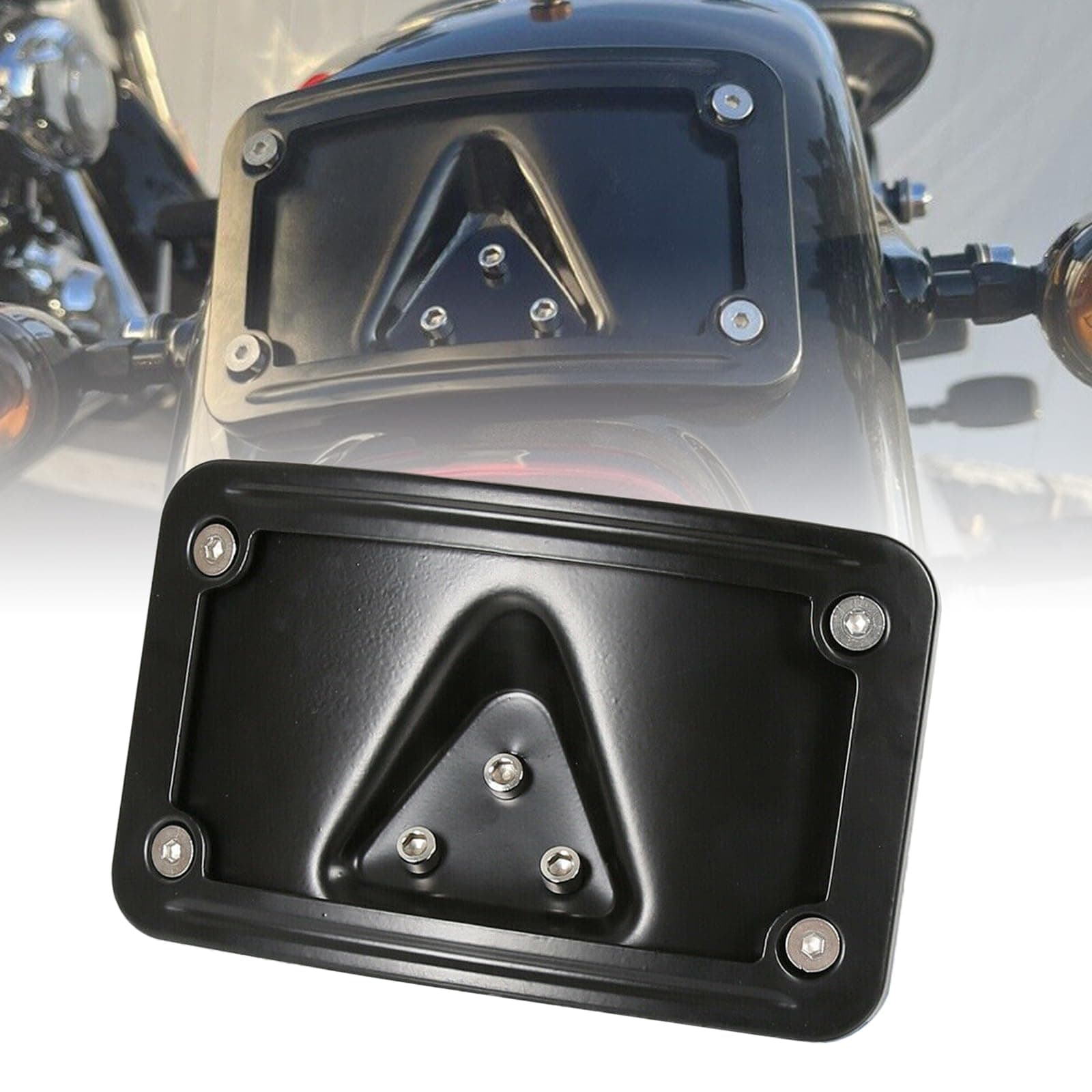 3148 Curved Laydown License Plate Mount with Frame Compatible with Harley Davidson 3 Hole Mount (Black)