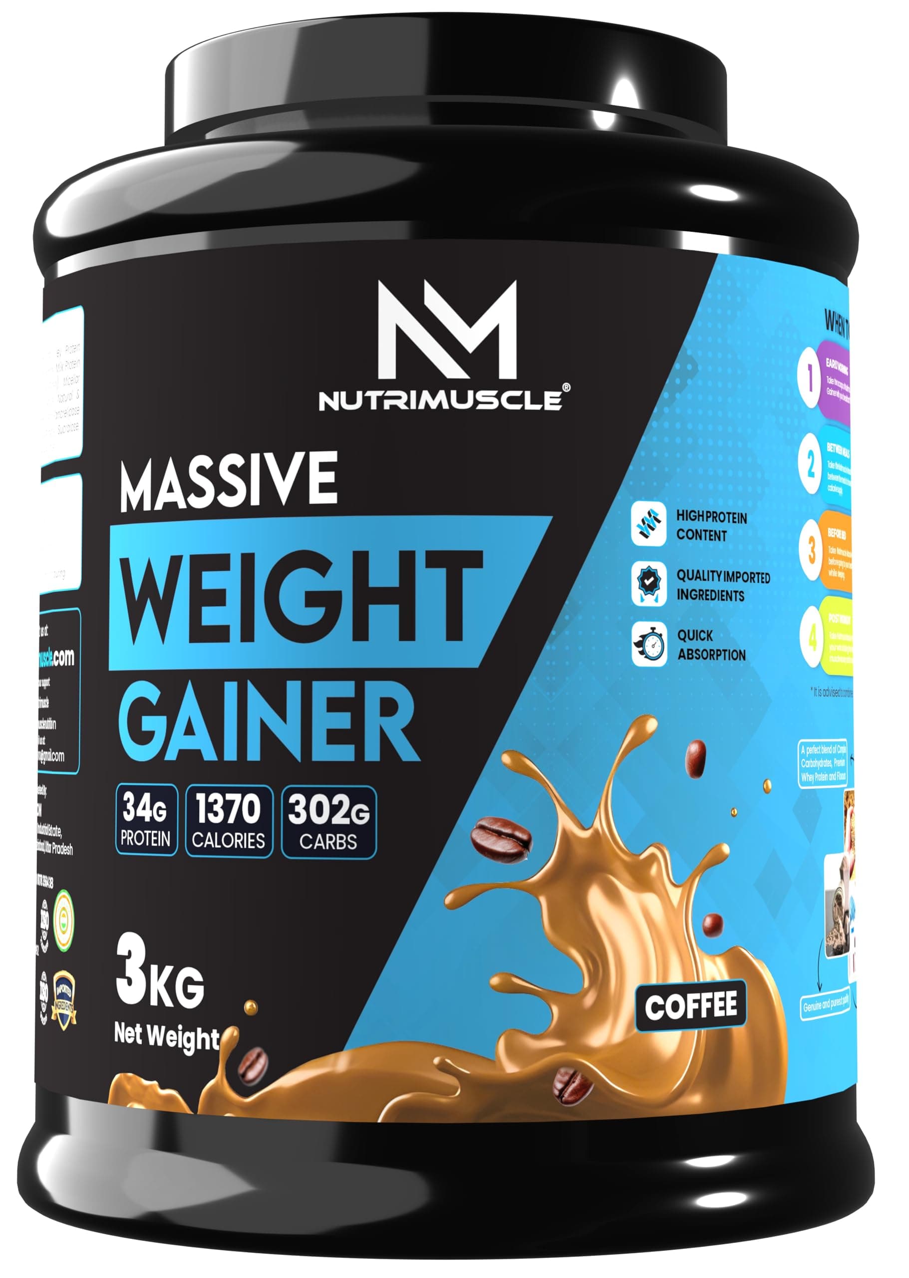 Nutrimuscle Massive Weight Gainer - 3kg - Choco Latte Flavour for Mass & Muscle Gain