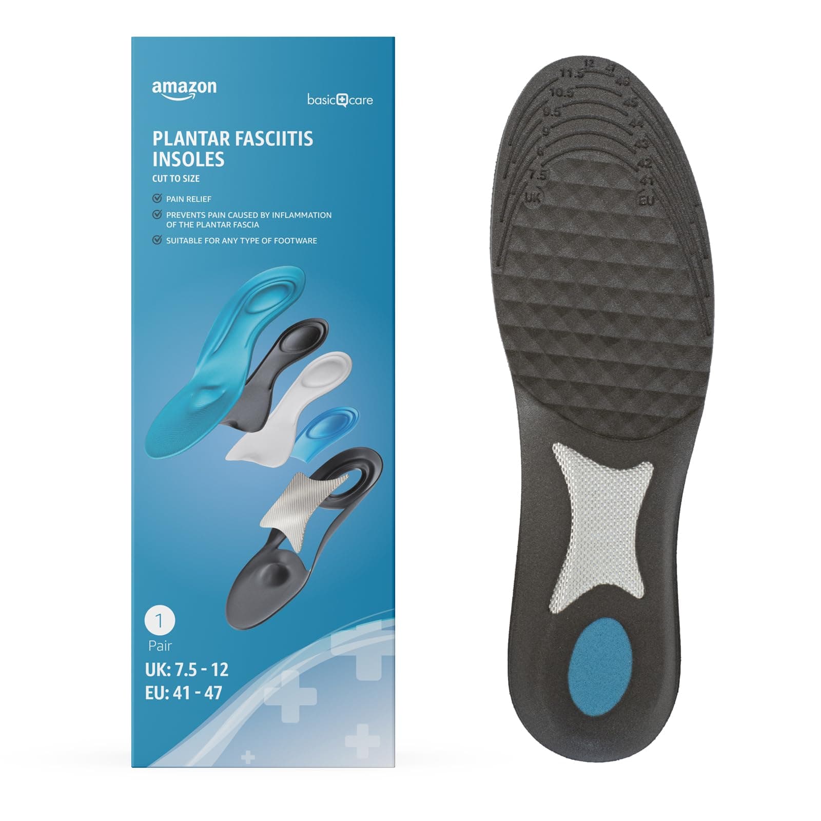 Amazon Basic Care Plantar Fasciitis Insoles, Size 41/47, Blue
