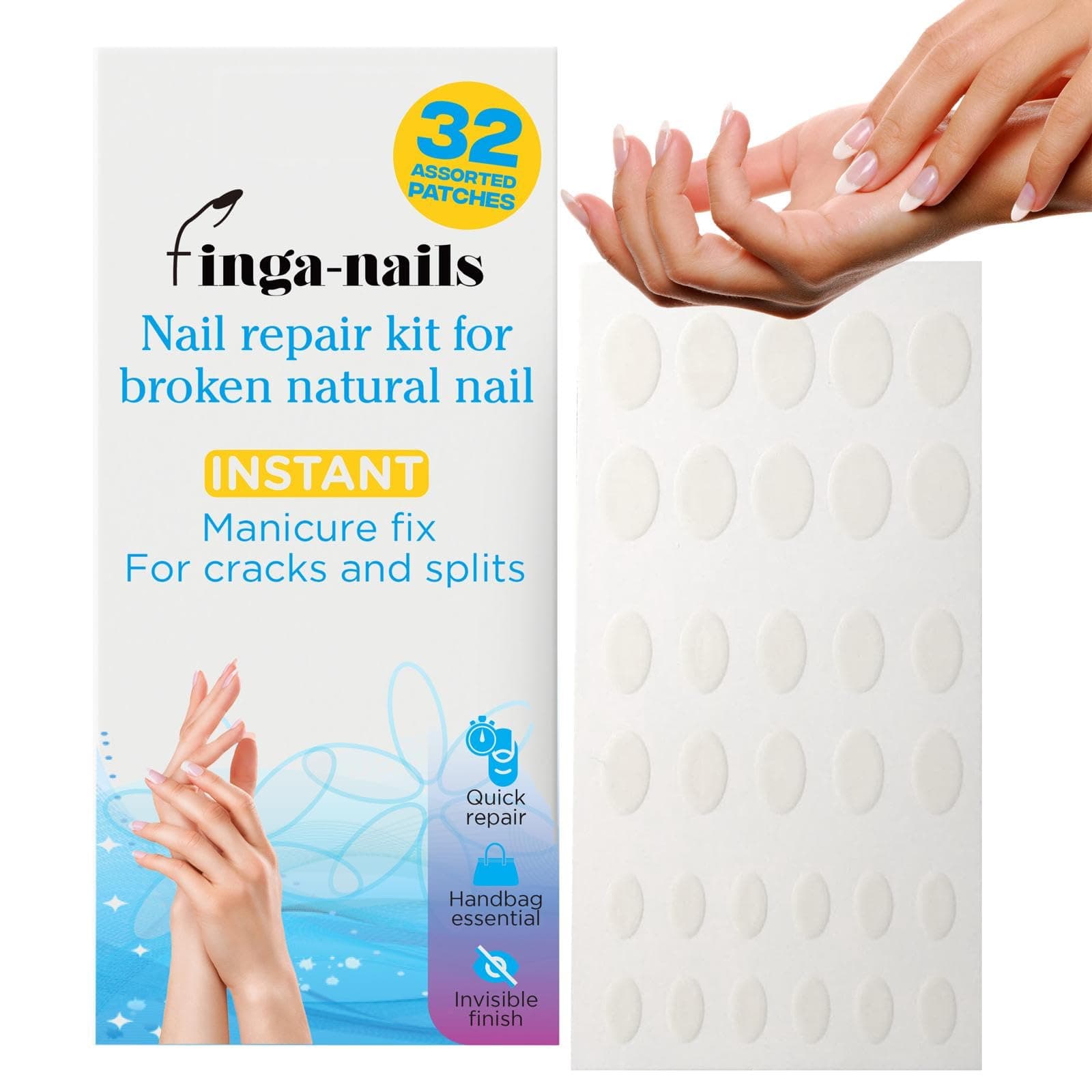 32 Instant Split Nail Saver Patches - Clear Self-Adhesive Broken Nail Repair Kit for Cracks and Splits - Temporary Manicure Fix Protector for Natural Fingernails & Nail Polish