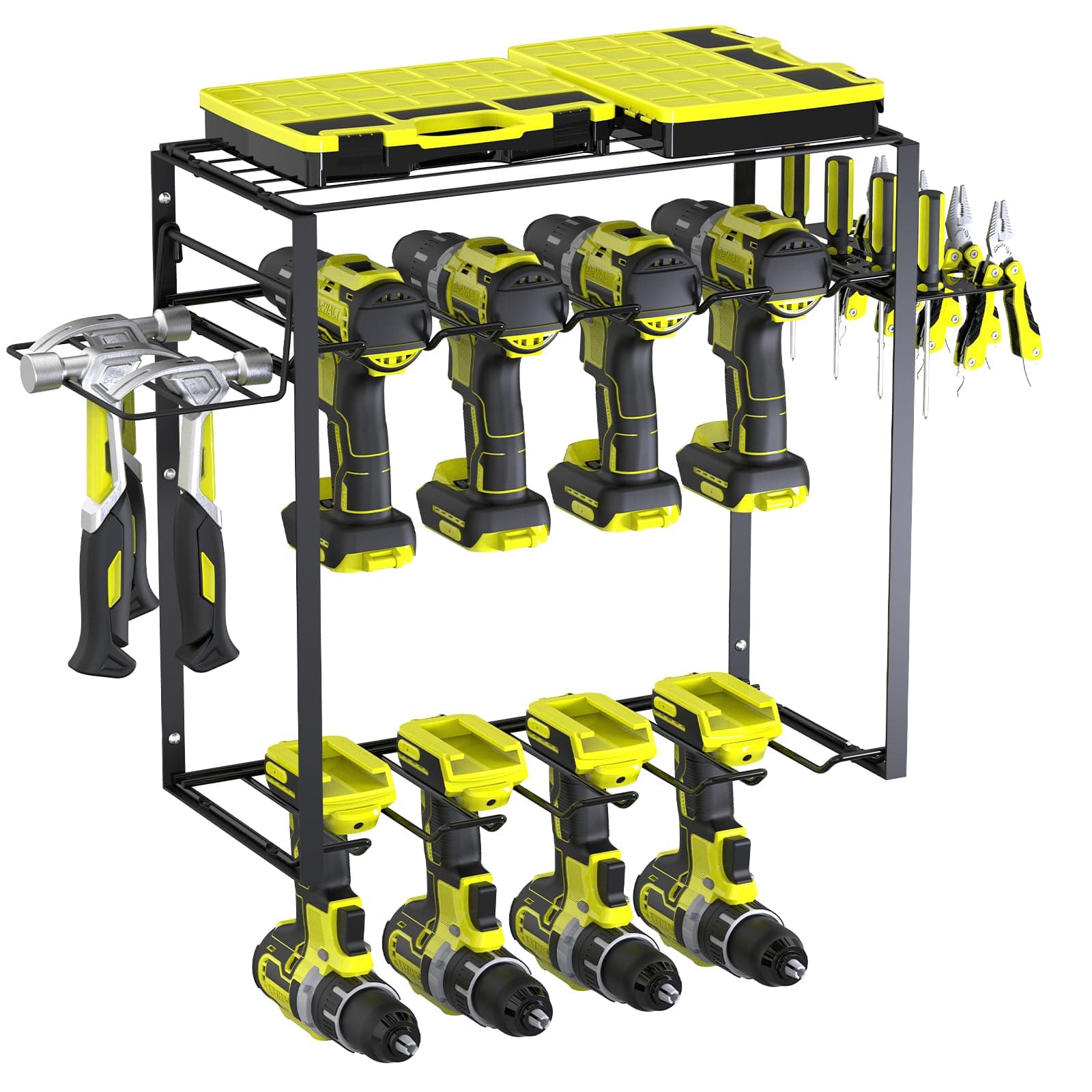 Fogein 3 Tier Power Tool Organizer, 8 Drill Holder Wall Mount, Drill Rack for Garage Organization with 8 Slots,Power Tool Storage Rack, Heavy Duty Metal Tool Shelf(Integrated Shelf)